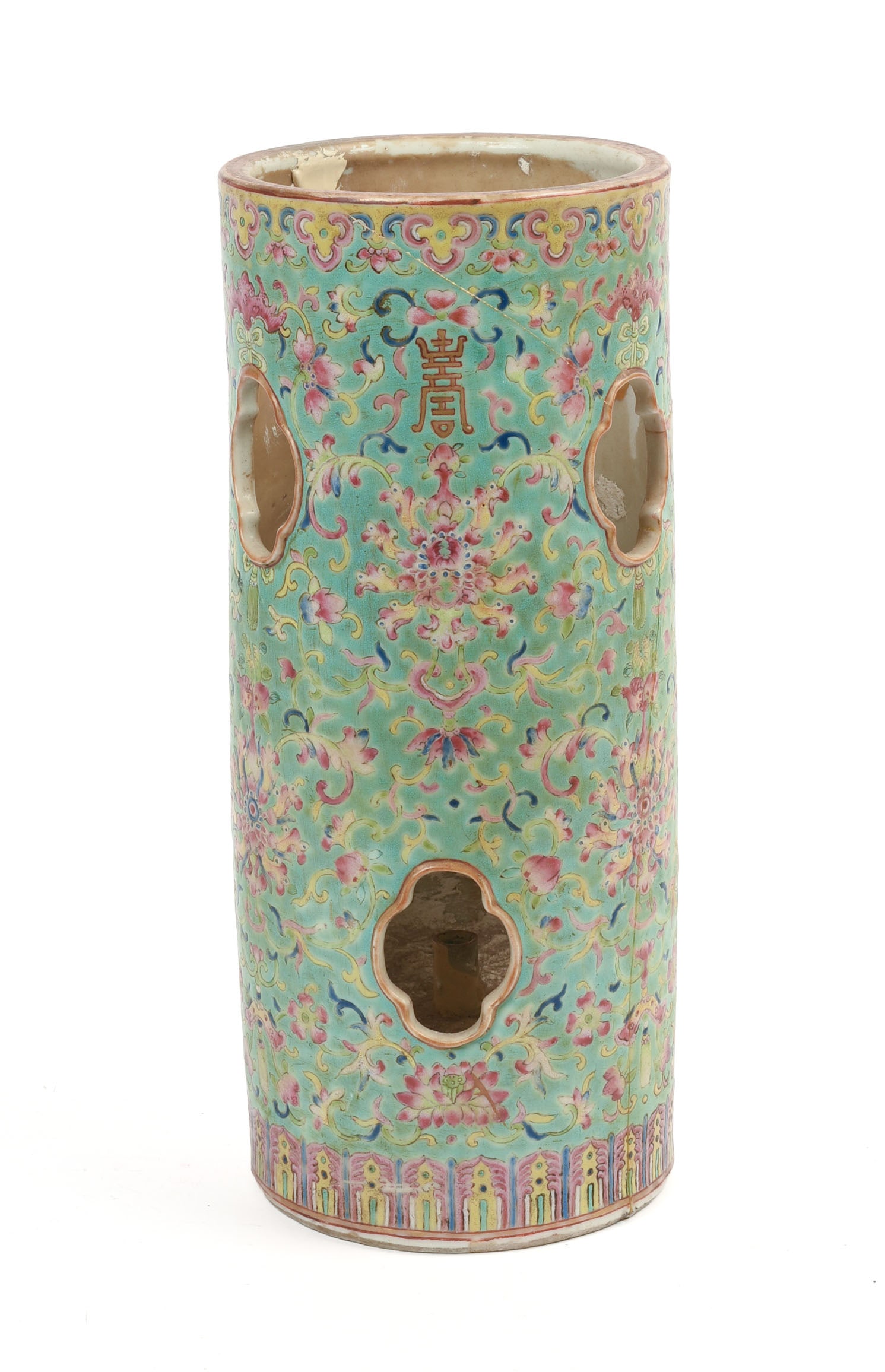 Chinese Porcelain Hat Stand.: Height 11 inches. Repaired break.