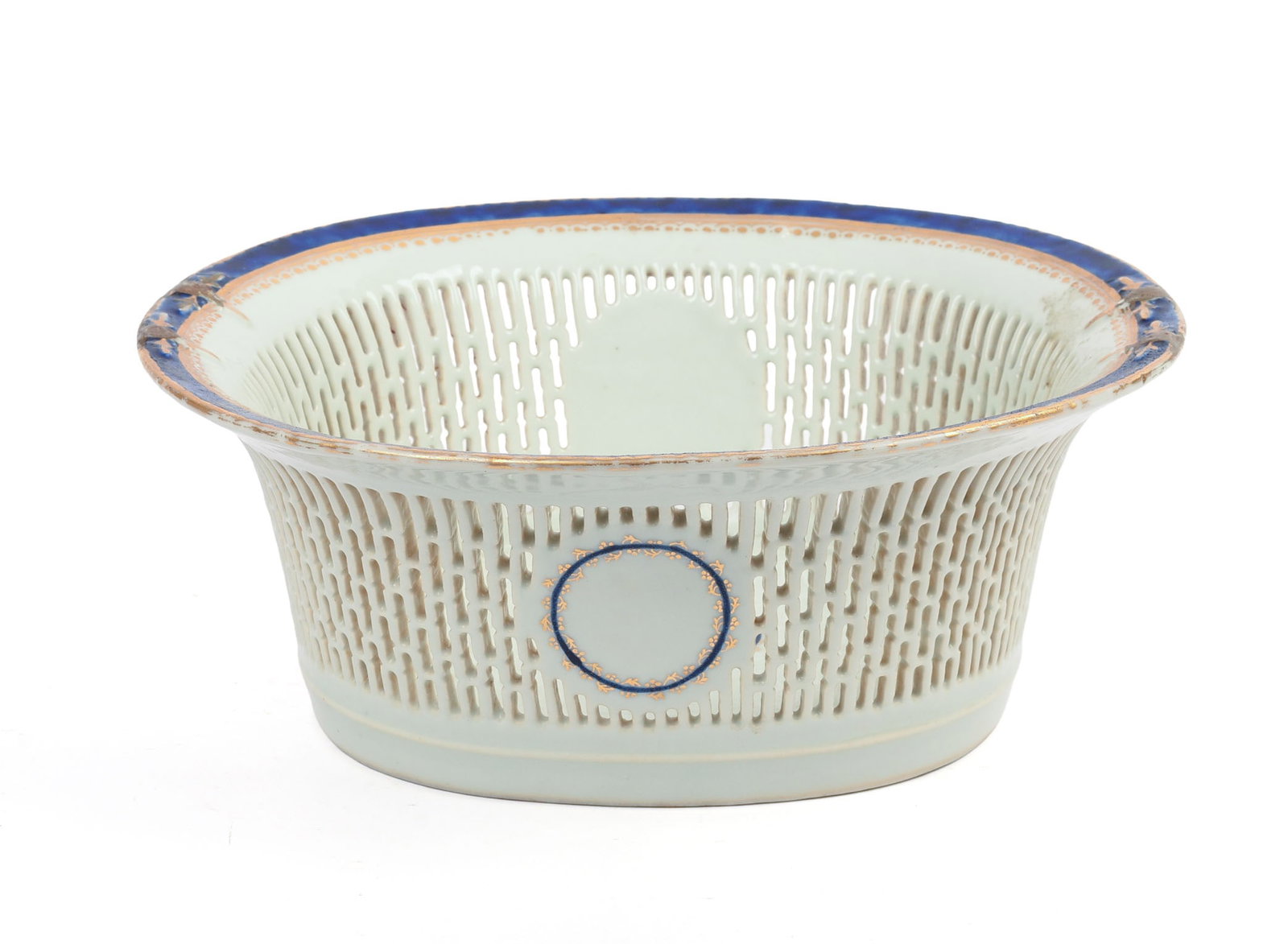 Chinese Export Porcelain Reticulated Basket.: 10 x 9 x 4 inches. Small hairline.