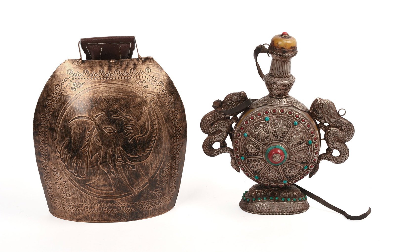 Tibetan Snuff Bottle and a Bell.: Heights 10 inches.