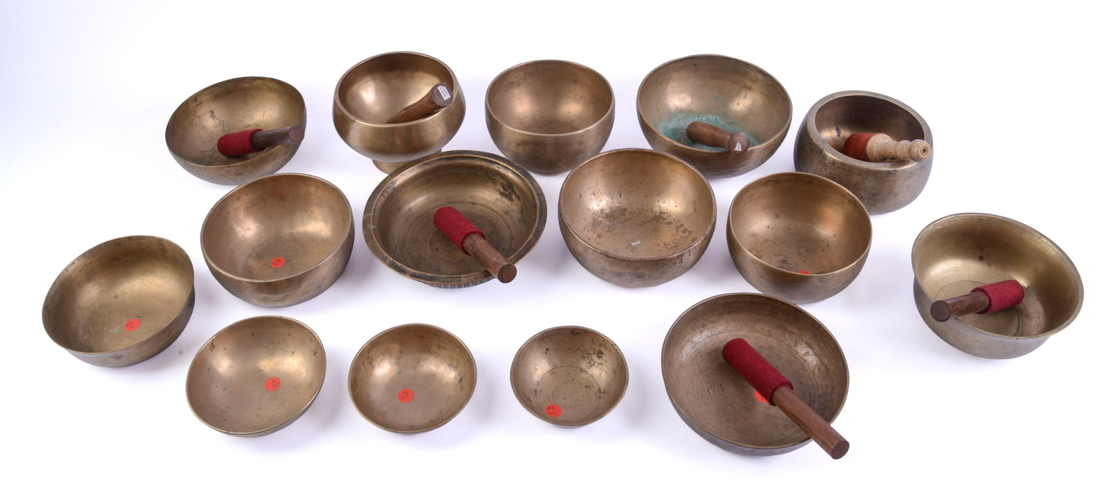 Thirteen Brass Singing Bowls.: Diameters 5 to 9 inches. Includes 7 mallets.