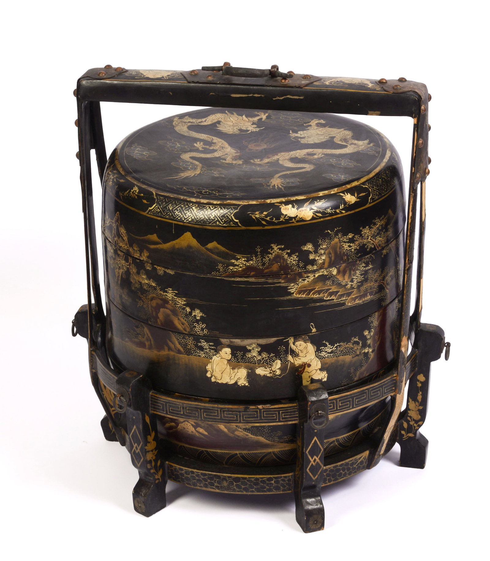 Large Black Lacquer Food Carrier.: Height 28 inches, diameter 19.5 inches.