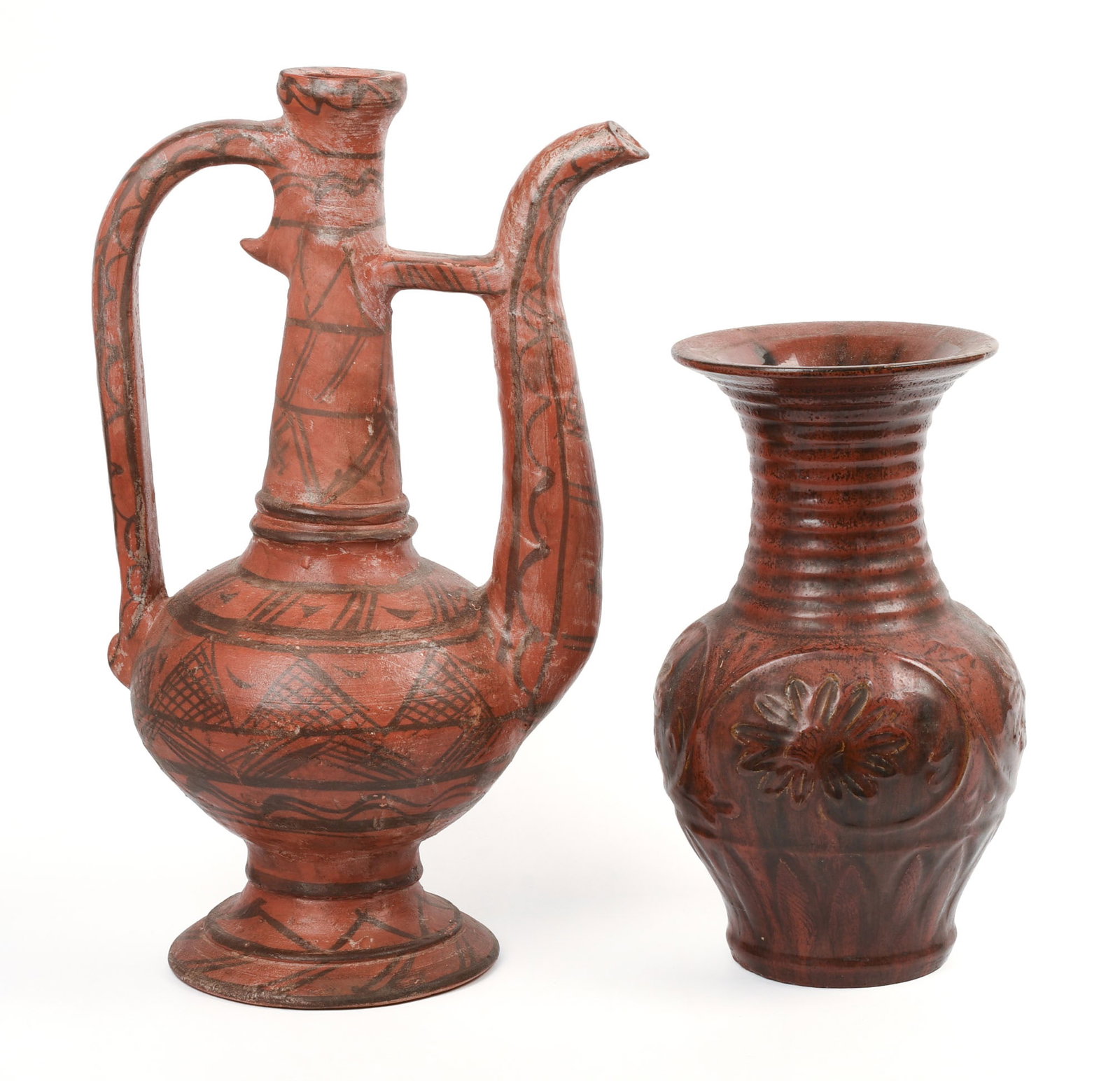 Red Clay Ewer and a Vase.: Heights 11 and 17 inches.