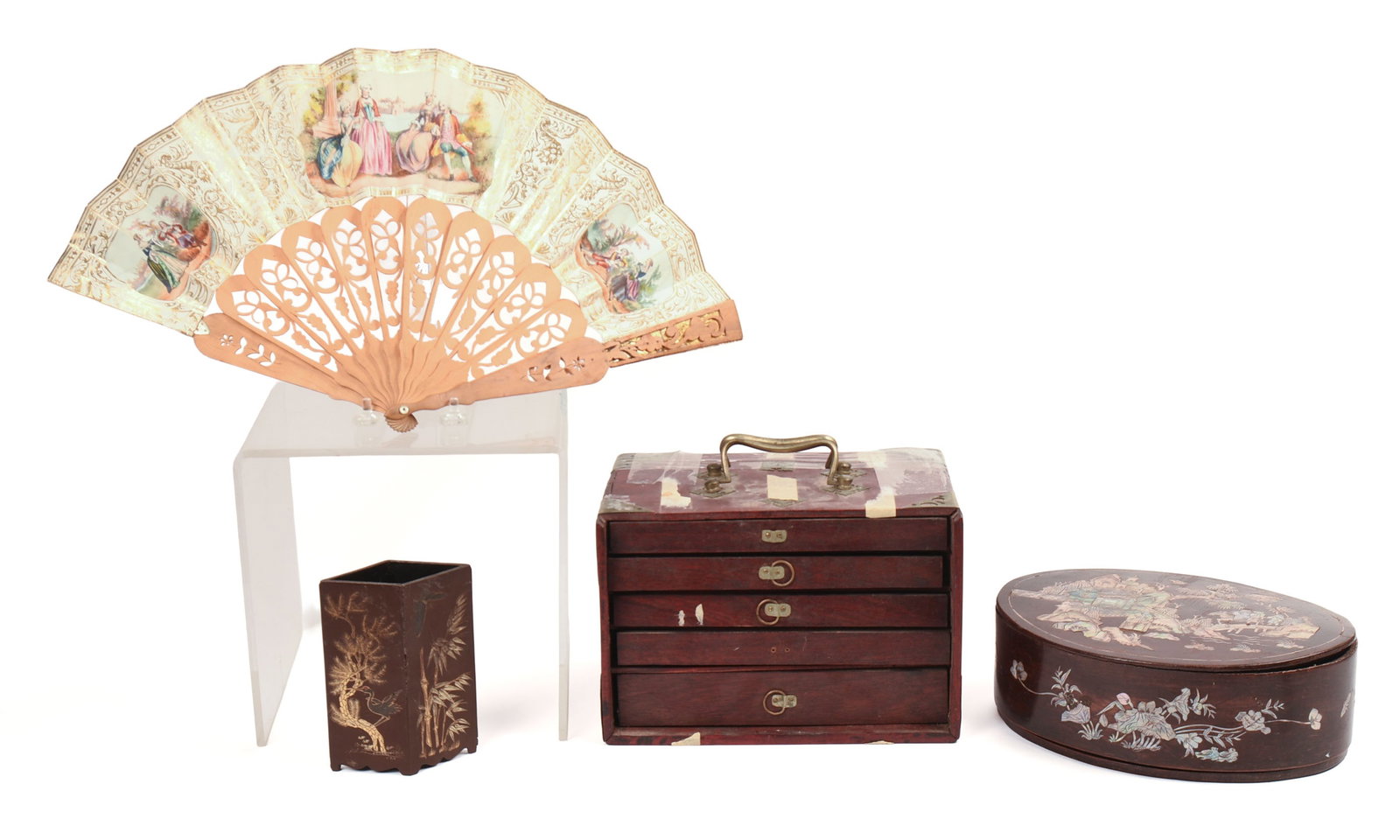 Mother of Pearl Inlaid Box and a Mahjong Set: MOP box 9 x 6.5 x 2.5 inches. Both in need of repair. Together with a fan and a lacquer caddy.