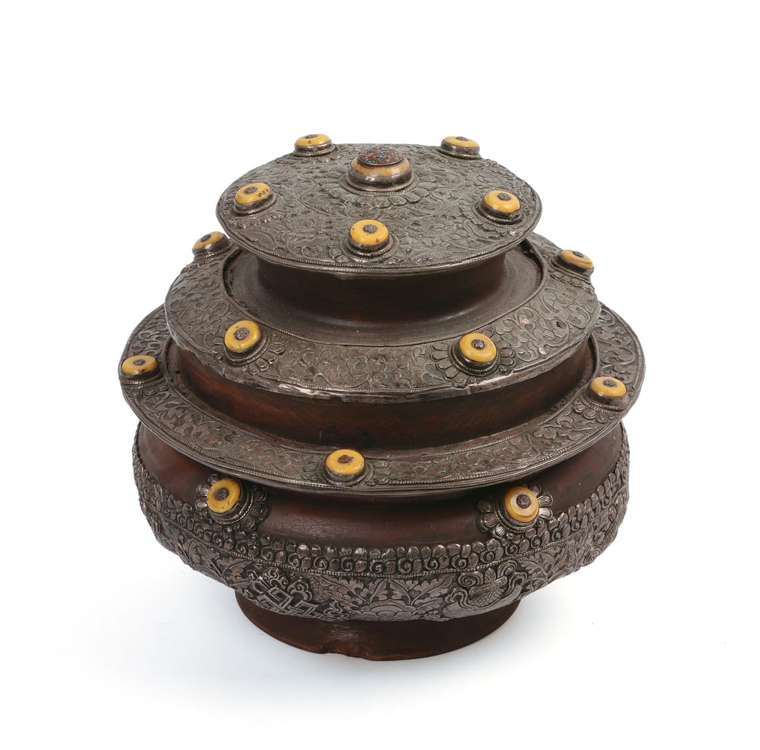 Tibetan Covered Bowl With Semi Precious Stones.: Height 10 inches, diameter 10 inches.