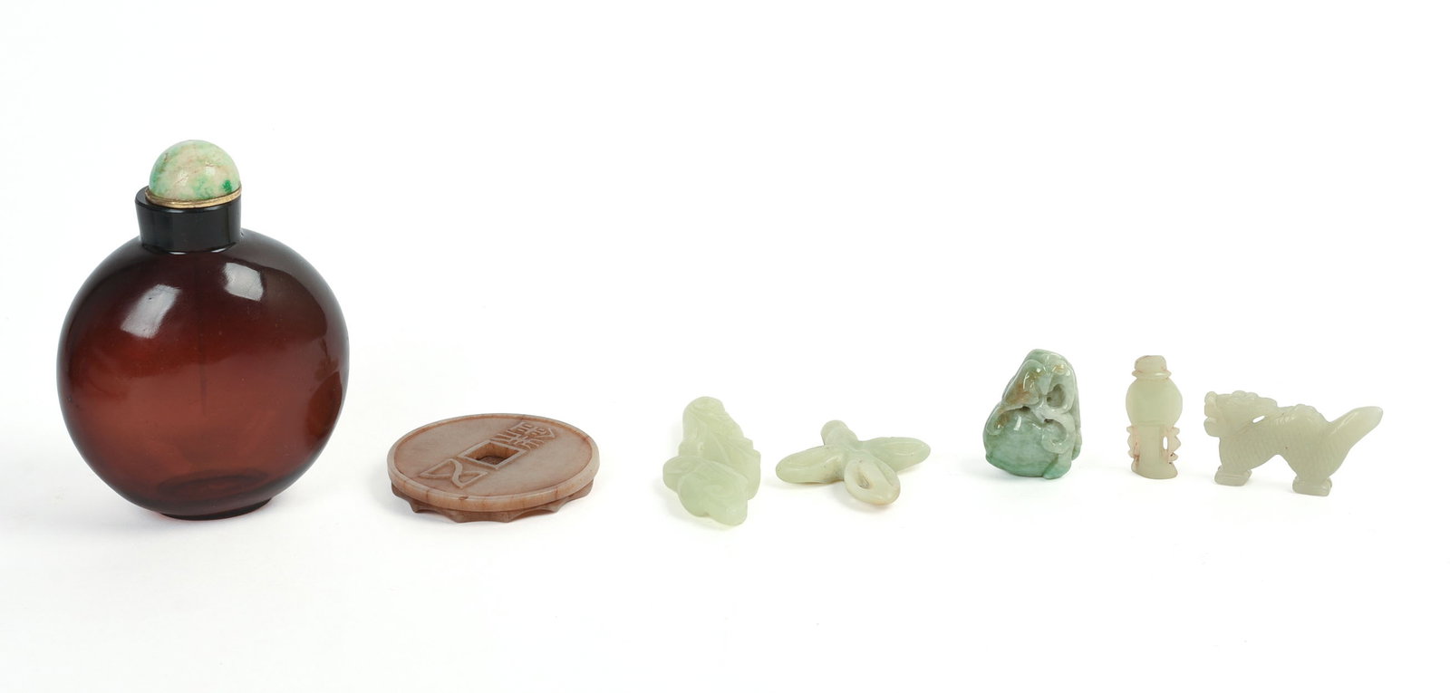 Collection of Jade Items.: Height of snuff bottle 4 inches.