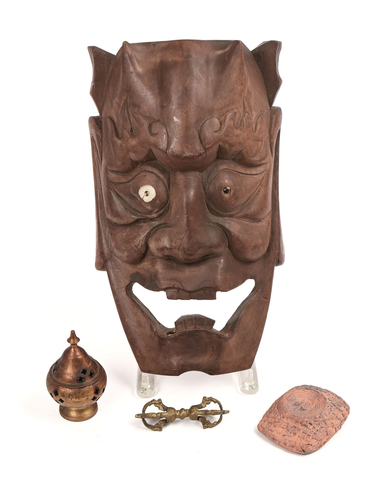 Tibetan Mask and THree Small Objects.: Mask 13 x 8 inches, one eye missing.