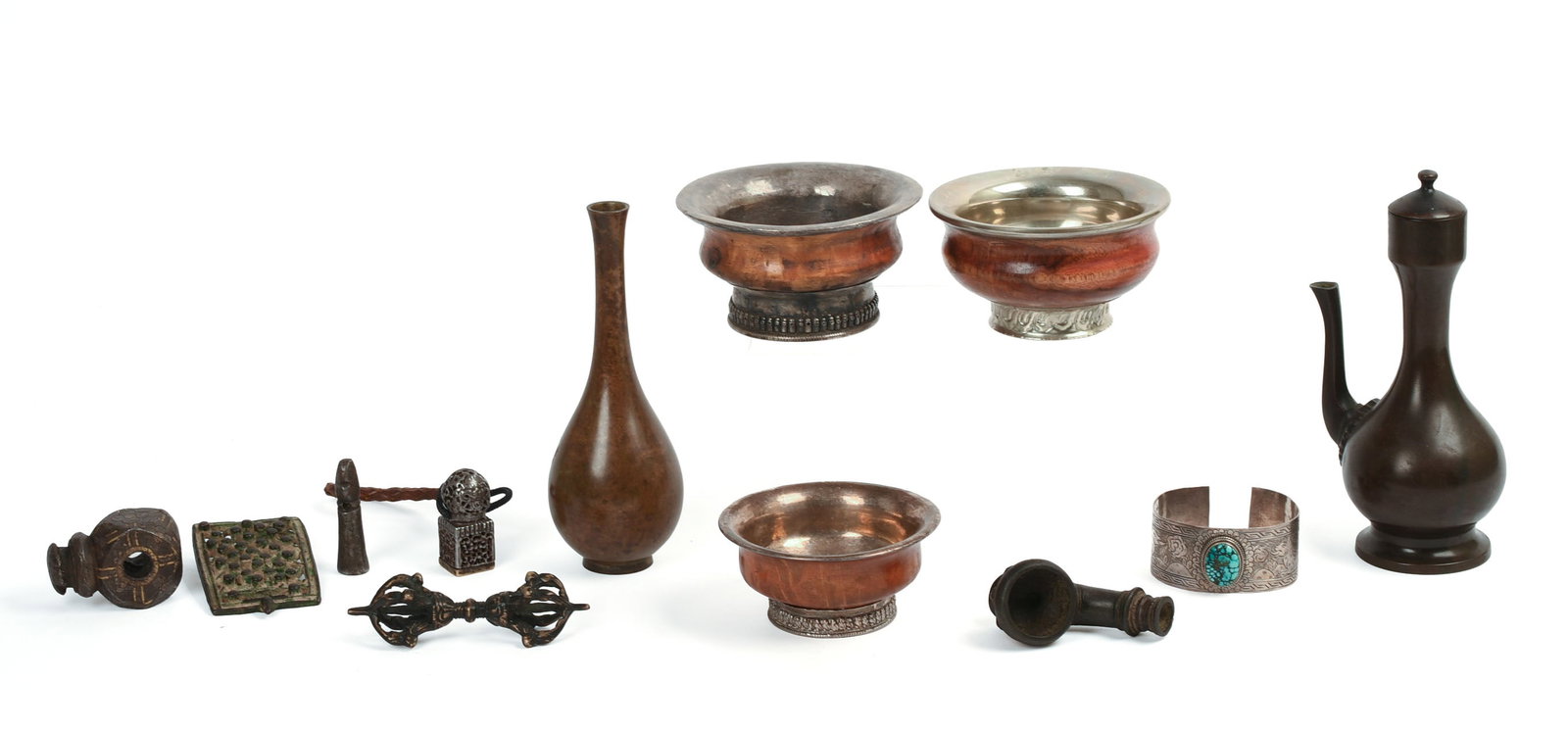 Group of Southeast Asian Decorative Objects.: Cuff bracelet, diameter 2.5 inches, three bowls, bronze vase, belt buckle, and others.