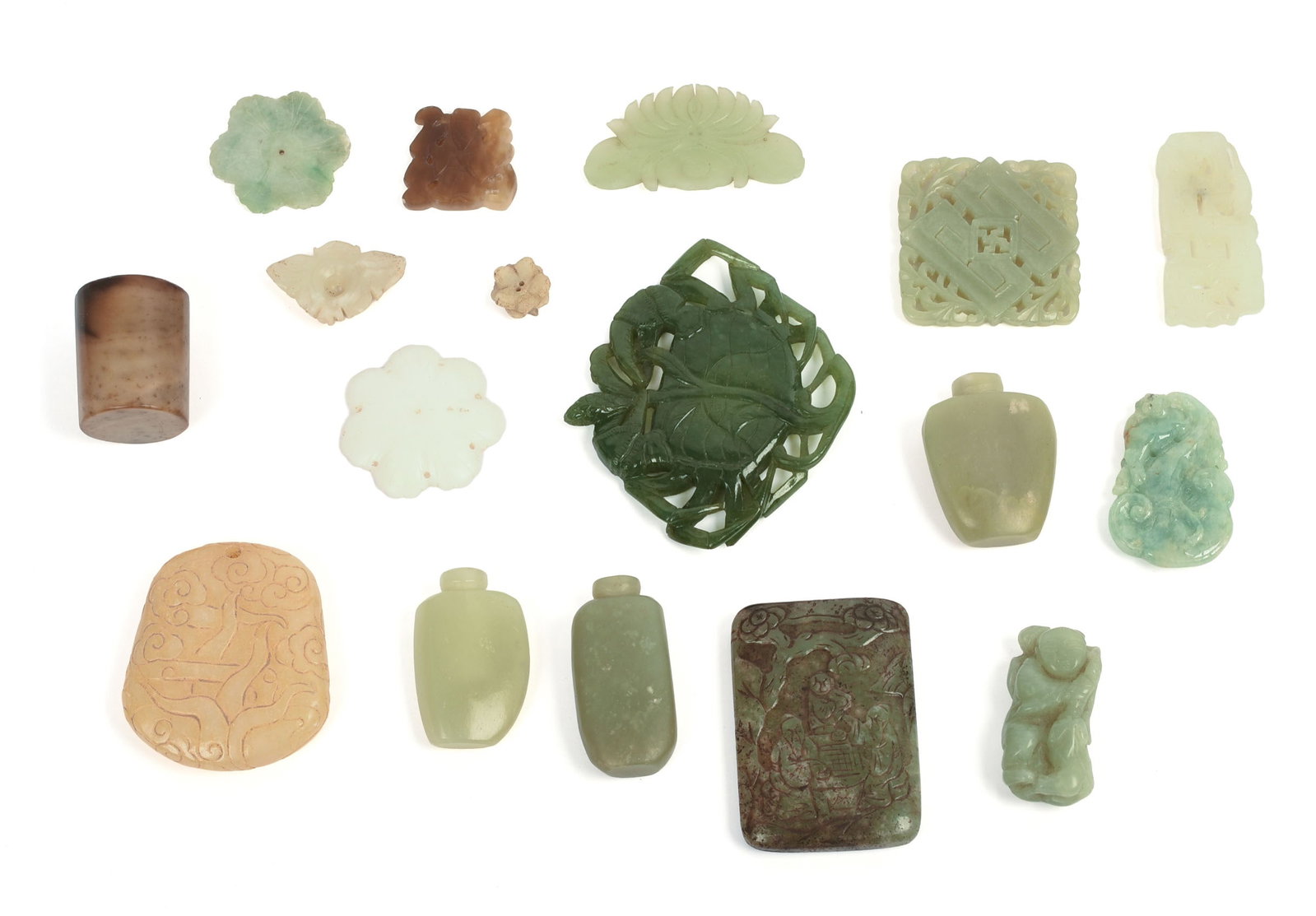 Collection of Asian Jade and Hardstone Items.,: Three snuff bottles, heights 1.75 inches, a crab, and 13 others.