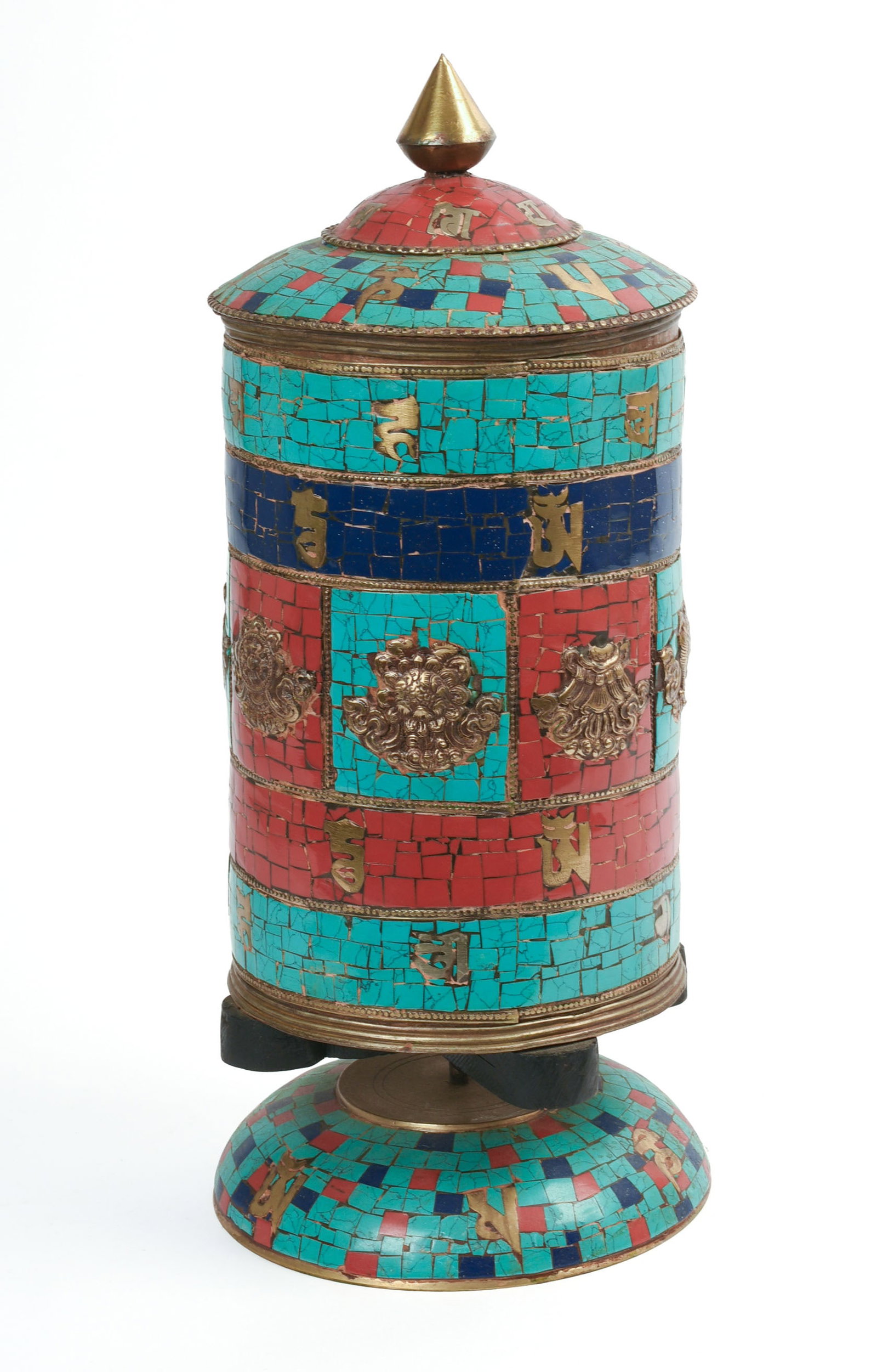 Tibetan Inlaid Prayer Wheel.: Height 16 inches.