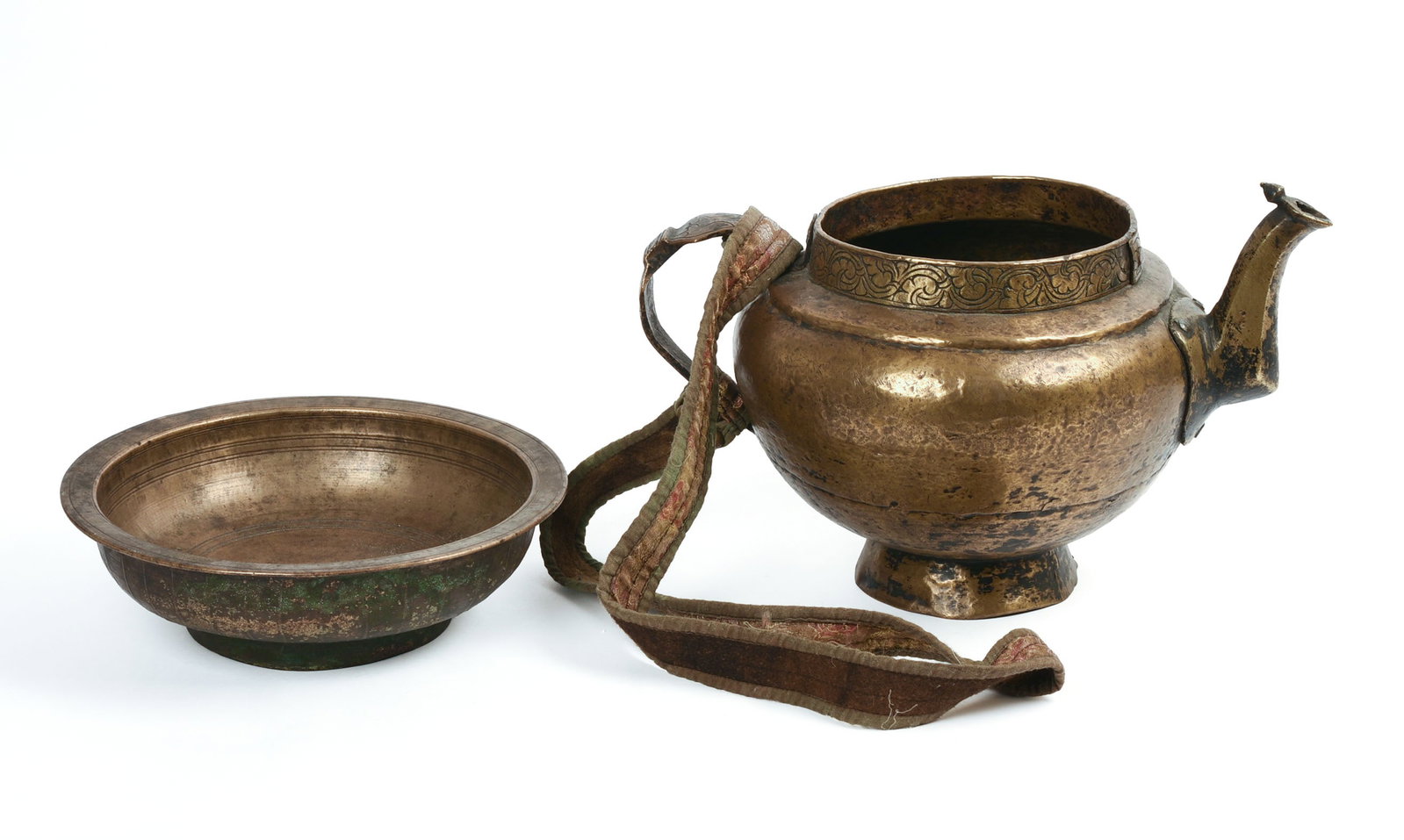Asian Brass Bowl and Water Vessel.: Diameter of bowl 10 inches.