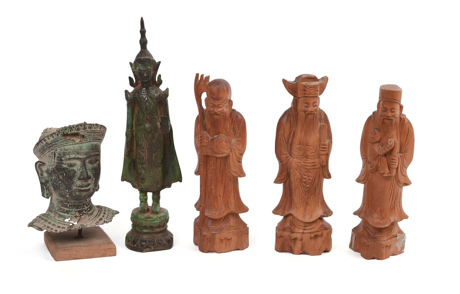 Two Tibetan Bronze Figures and Three Carved Wisemen. (1 of 4)