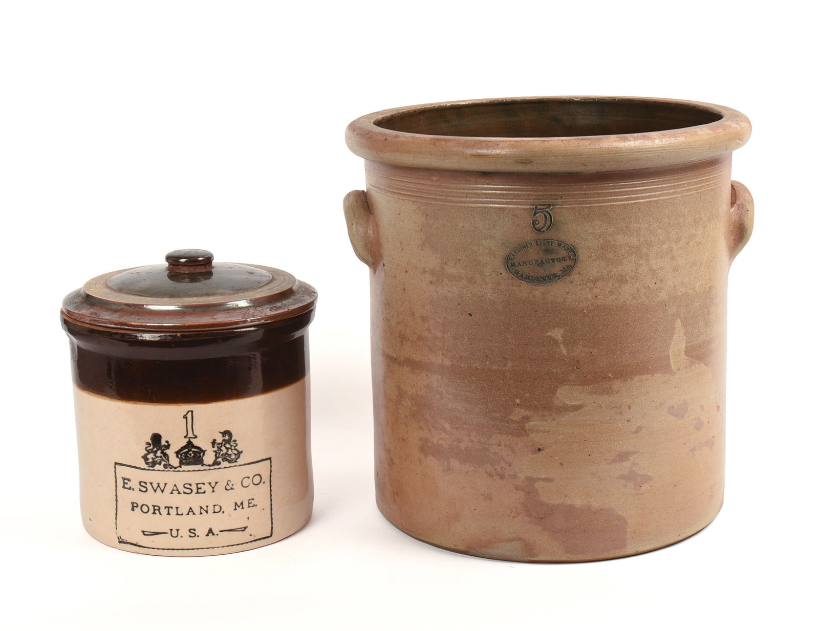 Gardiner Stoneware Crock and an E.Swasey Covered Crock. (1 of 8)