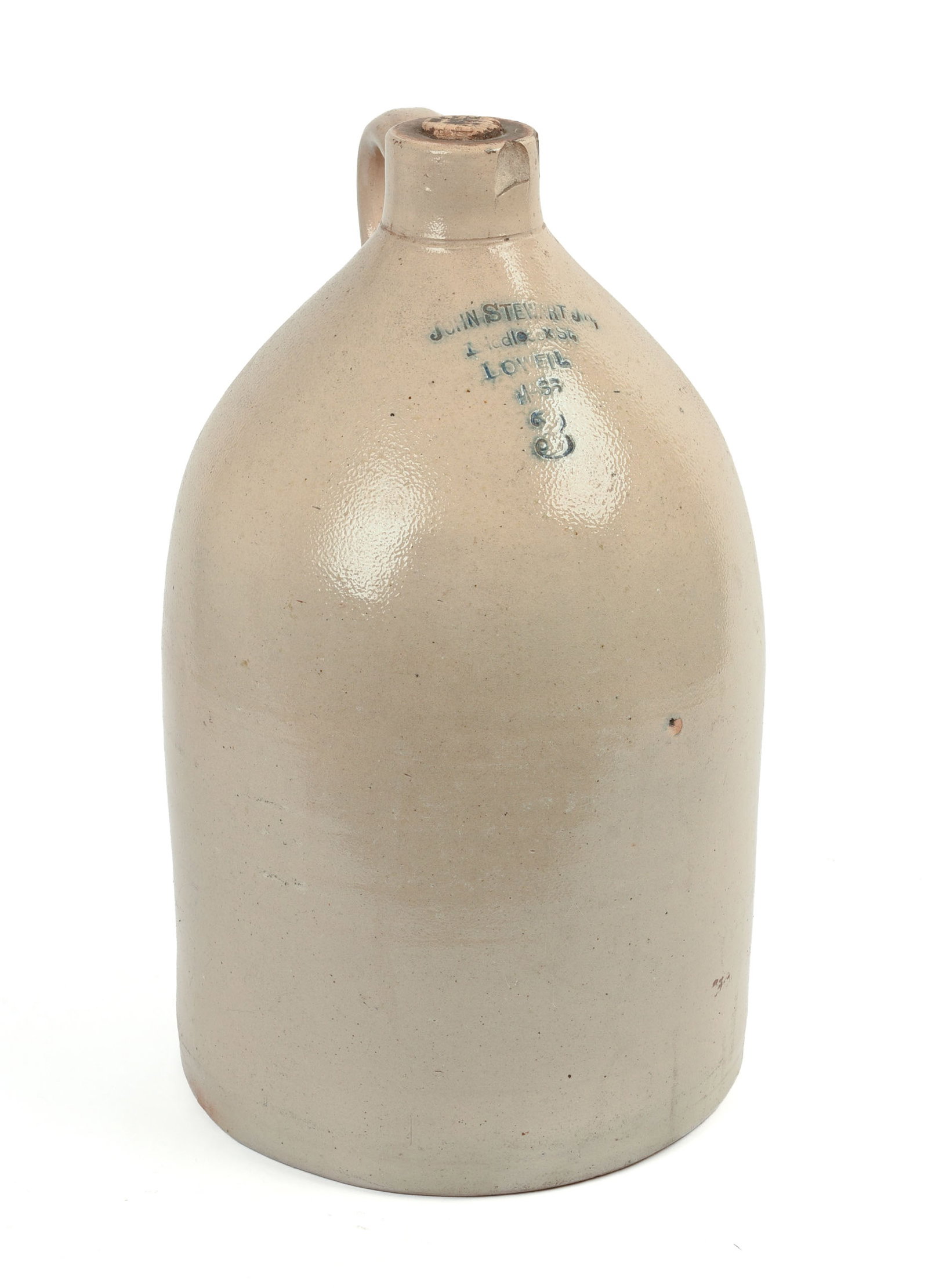 John Stewart Three Gallon Stoneware Jug.: Height 18 inches.