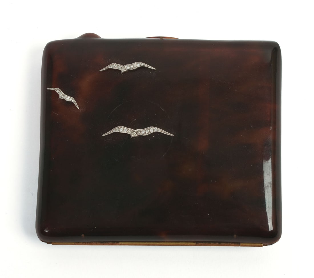 Tortoiseshell Cigarette Case With Diamond Birds.: 3 x 3.5 inches.