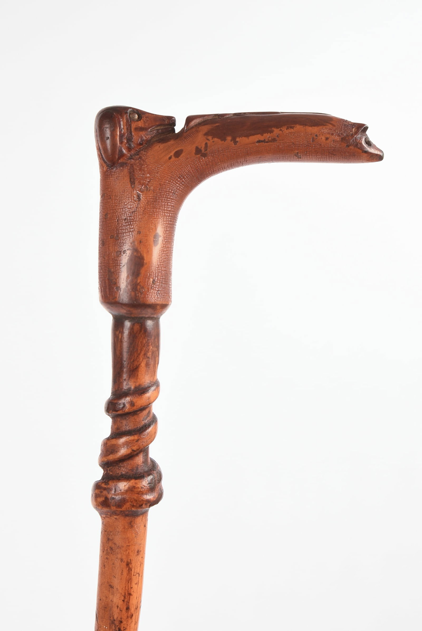 Folk Art Carved Cane With Dog and Snake: Length 33 inches. With glass eyes.