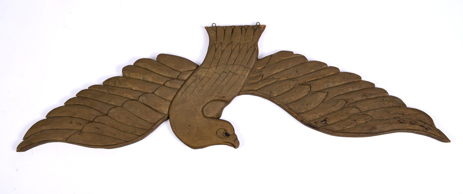 Carved Wooden Eagle by C.M. Ela, 1970.: 39 x 12 inches. Signed and dated on back.