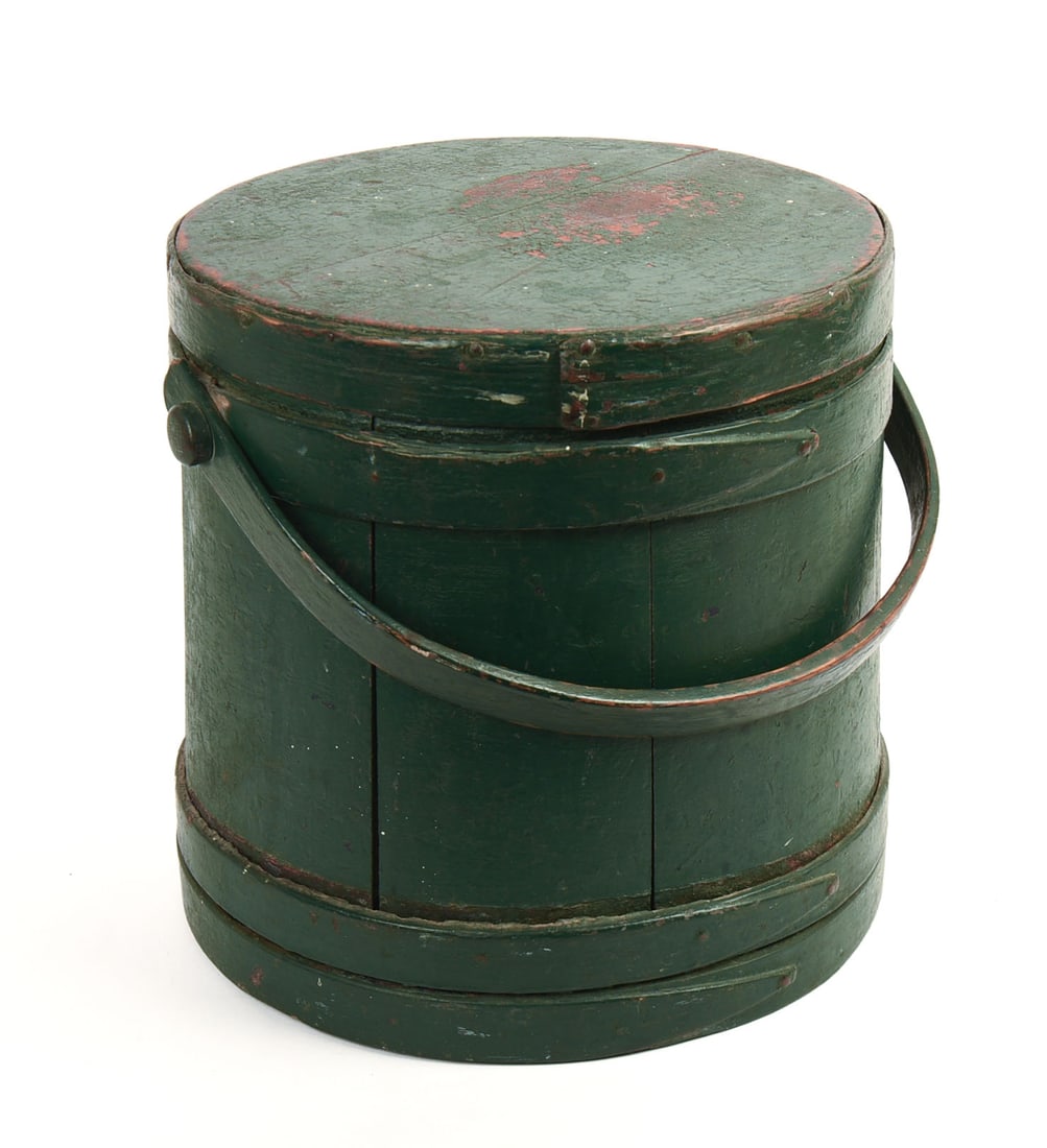 New England Firkin in Green Paint.: Height 12 inches. Later paint, bands are loose.