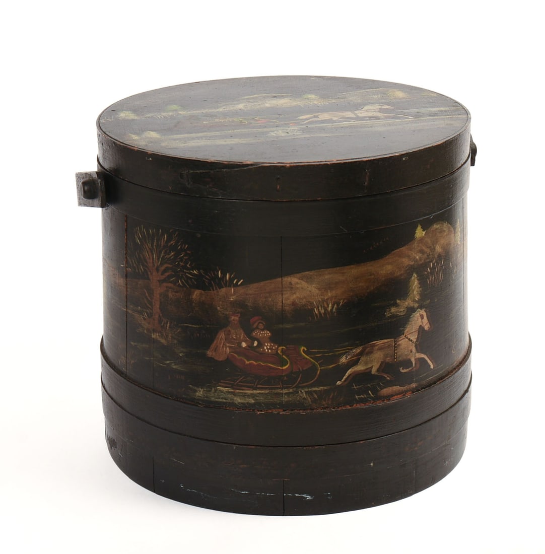 Folk Art Painted Firkin.: With scene of a couple in a horse drawn sleigh, height 12 inches. Bands are loose.
