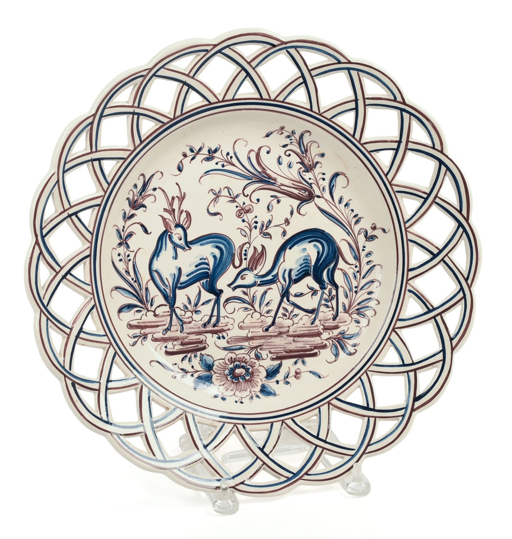 Portuguese Reticulated Porcelain Platter With Deer.: Diameter 14 inches. Very good condition.