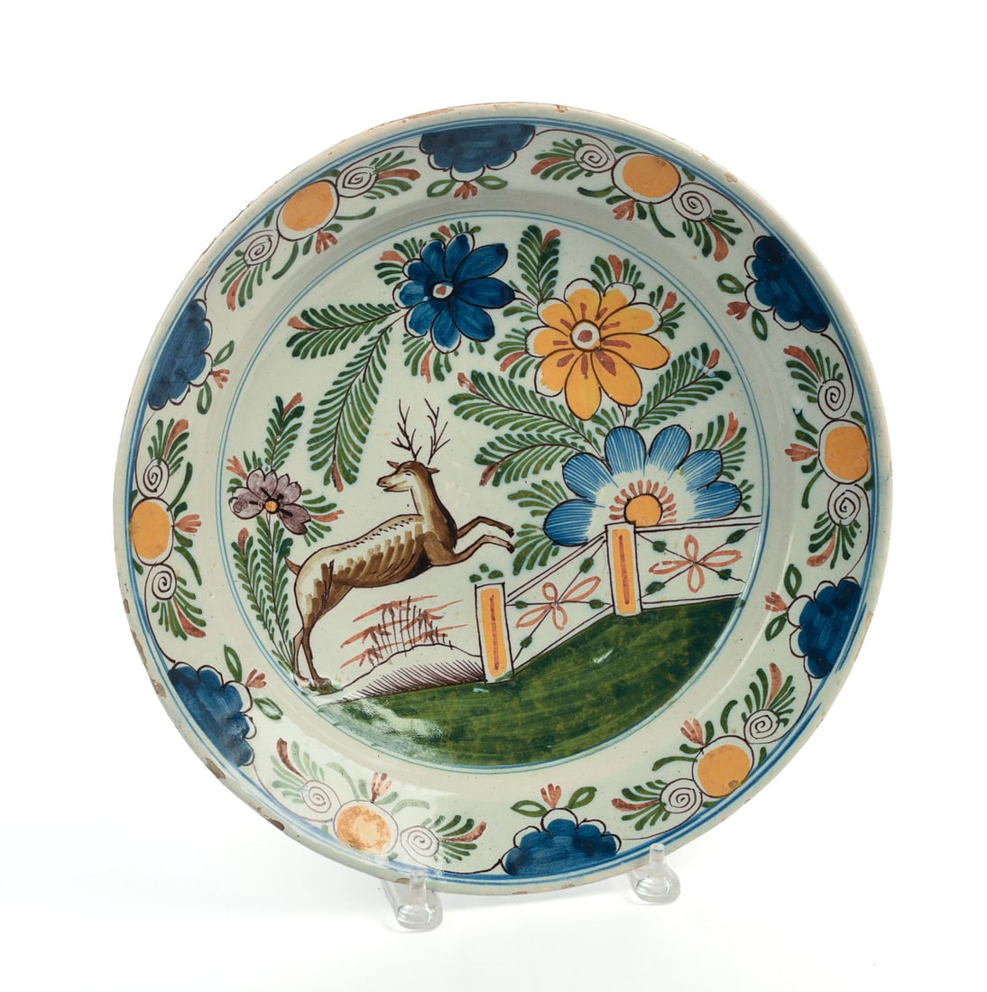 Dutch Delft Polychrome Charger With Leaping Stag.: Diameter 13.5 inches. A few small rim chips.