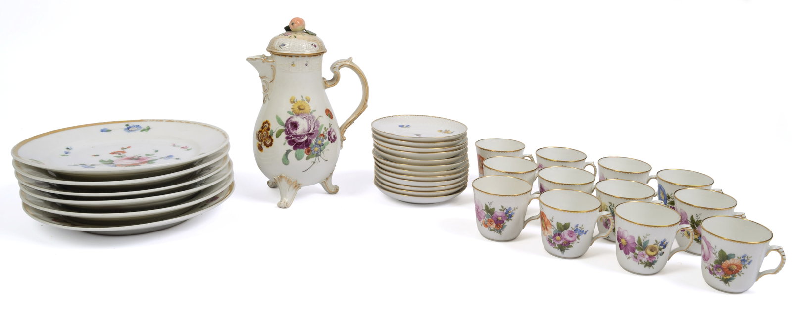 English Pearlware Coffee Pot, Plates, Teacups and Saucers.: Height of teapot 8.5 inches.