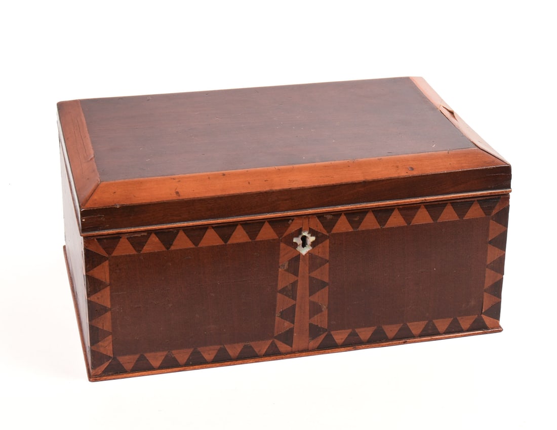 19th Century Inlaid Box.: 7.5 x 14.5 x 9.5 inches. No key, currently locked. Damage to inlay on top right side.