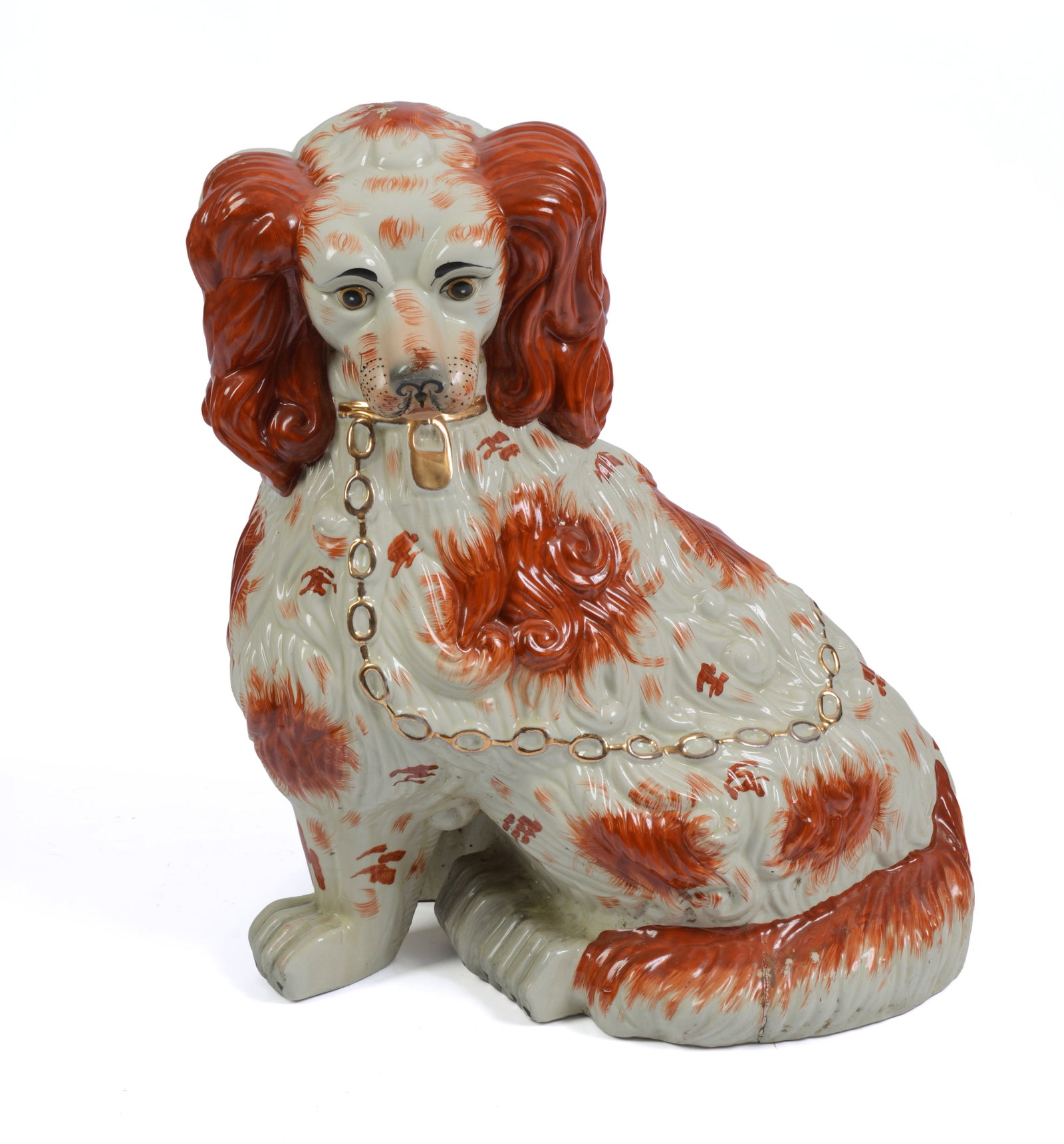Very Large Store Display Staffordshire Dog.: Height 23 inches. Used in NYC Lord & Taylors display in the 1950s. Crack to tail.