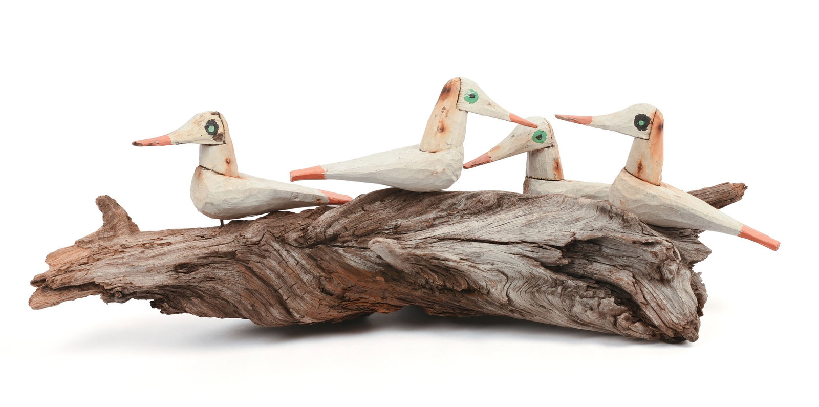 Folk Art Carved BIrds on Driftwood Log.: Length 22 inches.