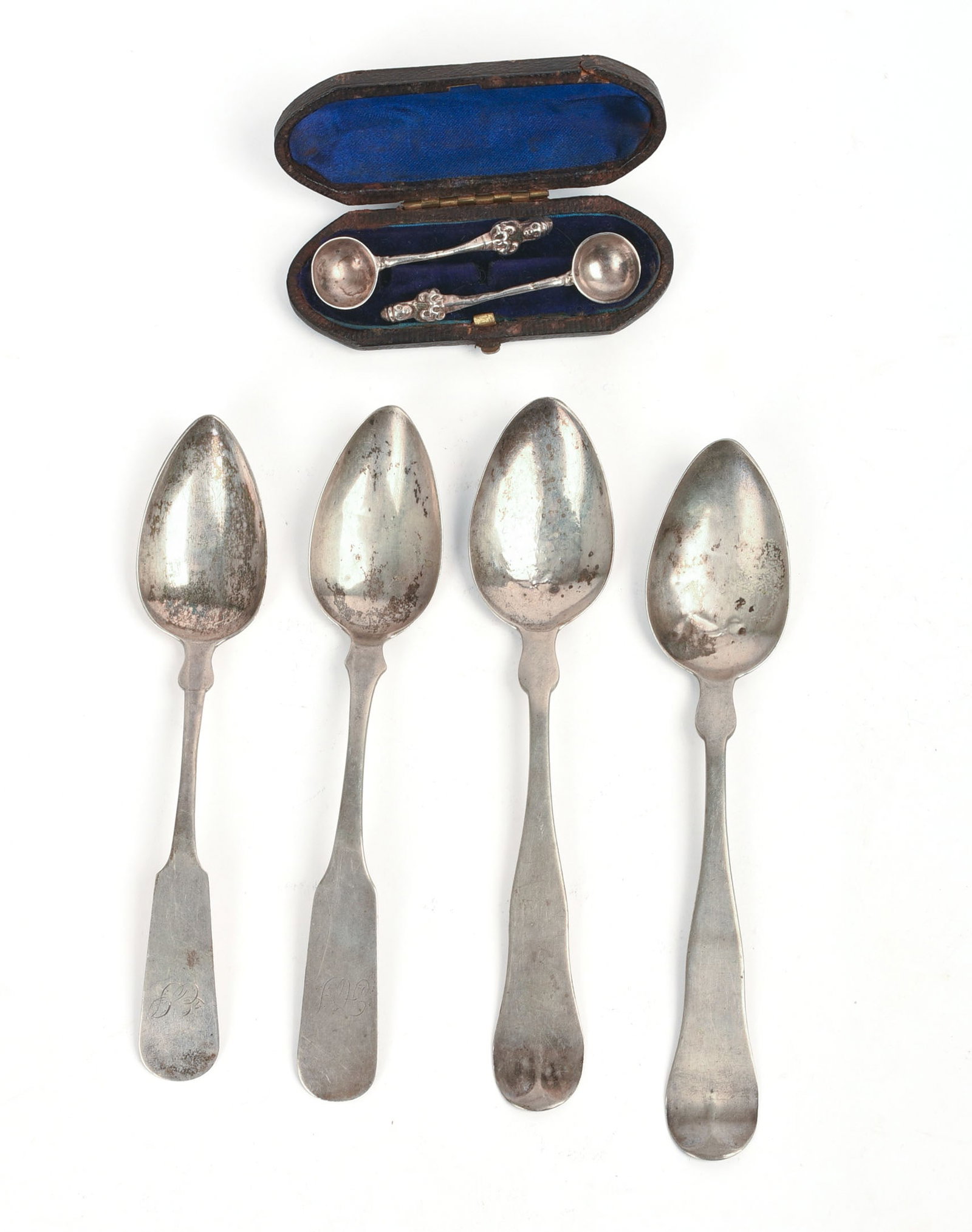 Four Coin Silver Teaspoons.: Two by Palmer Bachelders, one H.H. Nutter, one with rubbed mark. Length 5.5 inches, 52 grams. Together with a pair of silver salt spoons.