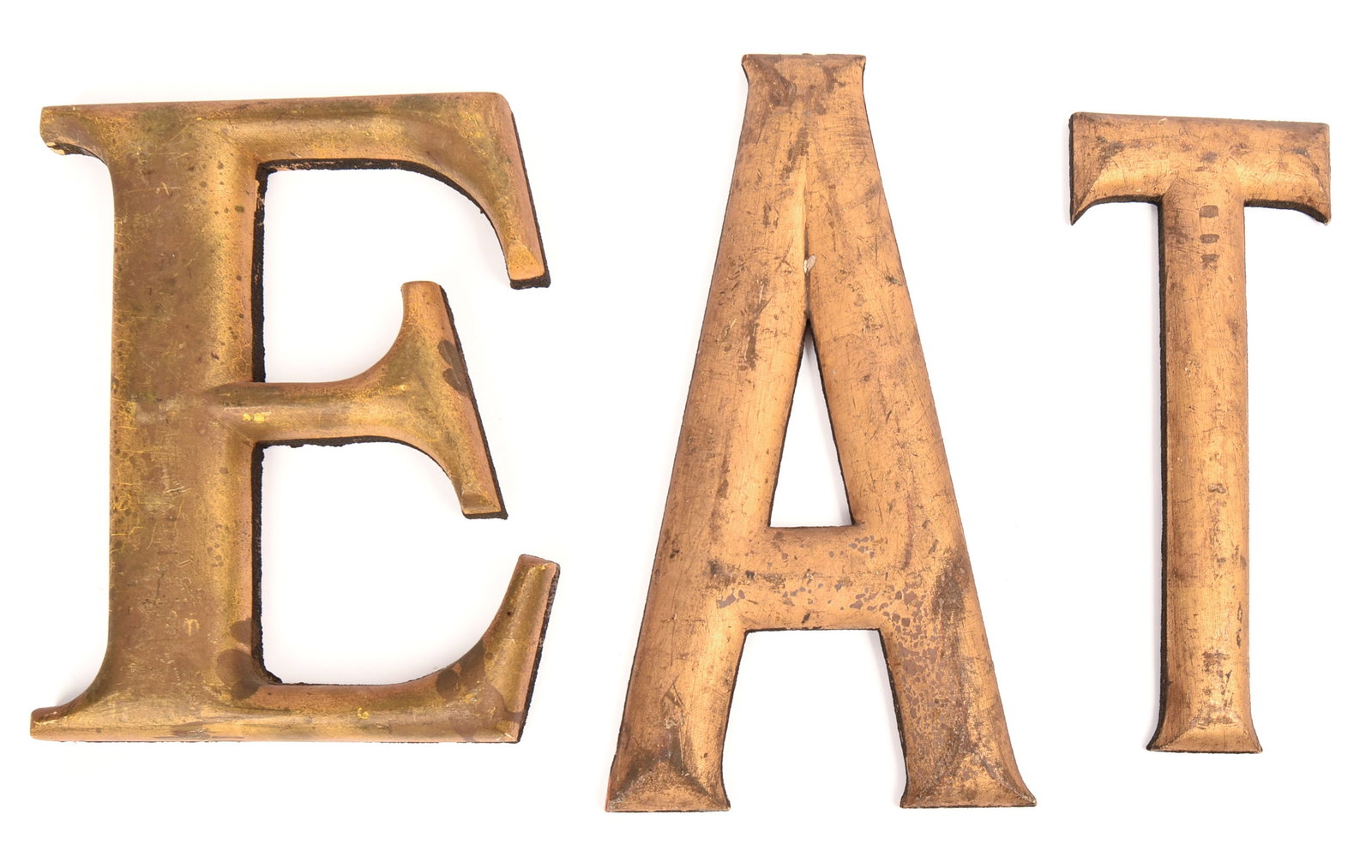 Three Gilt Letters: EAT, TEA, or ATE.: Heights 12 to 14 inches. Could also spell ETA.