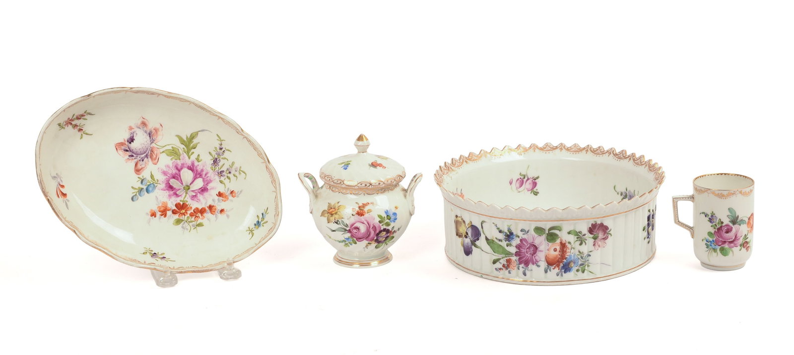 Four Pieces of Meissen and Dresden Porcelain: All marked, includes casserole, diameter 8.5 inches, sugar bowl, teacup, and a small tray.