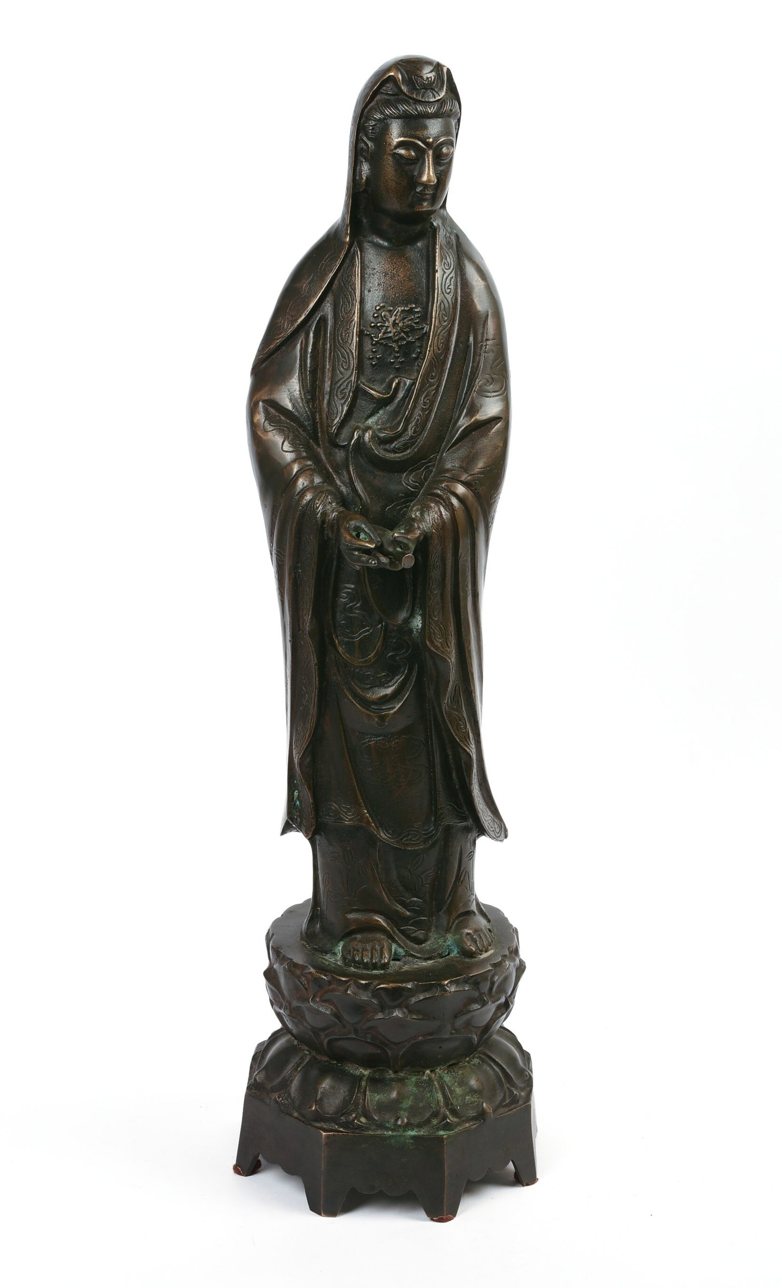 Tibetan Bronze Statue of Quan Yin.: Height 24 inches, depth 7 inches.