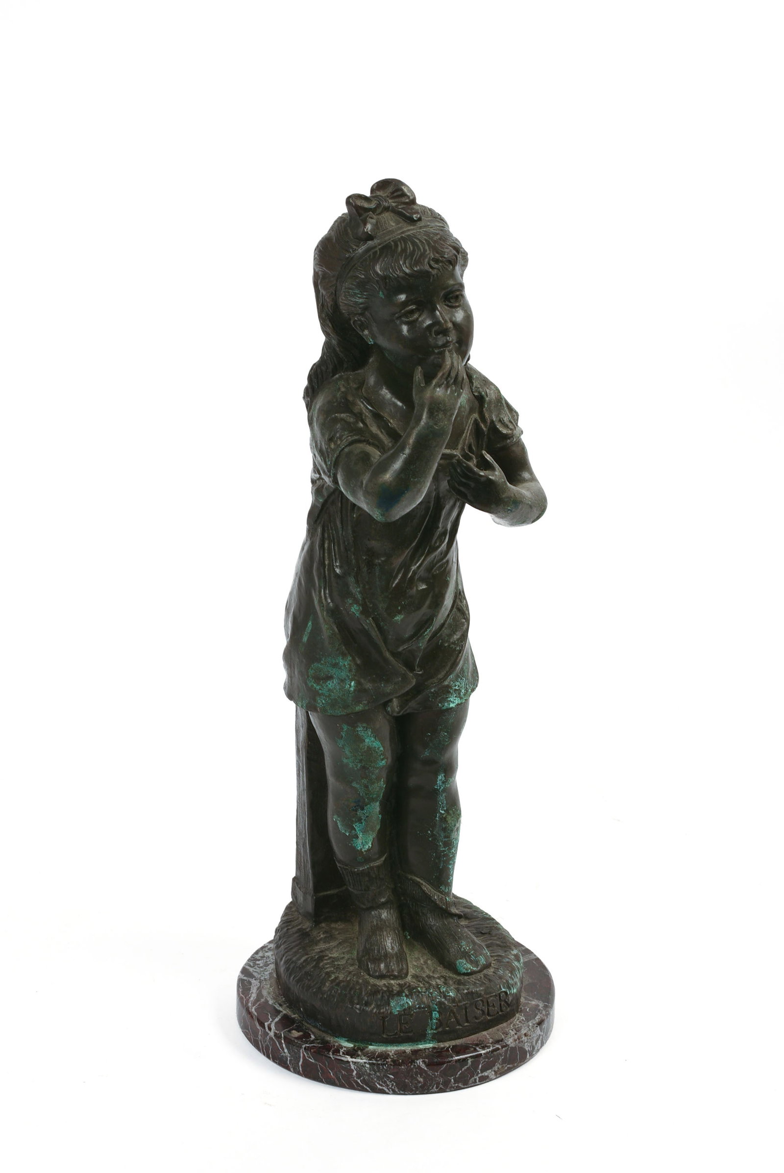 Cast Bronze Sculpture of a Girl Blowing a Kiss.: Height 19 inches.