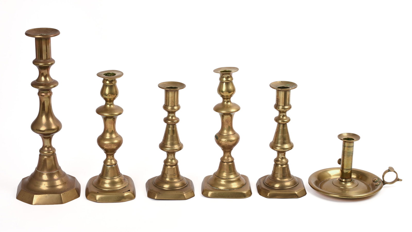Five Brass Candlesticks and a Chamberstick. (1 of 4)