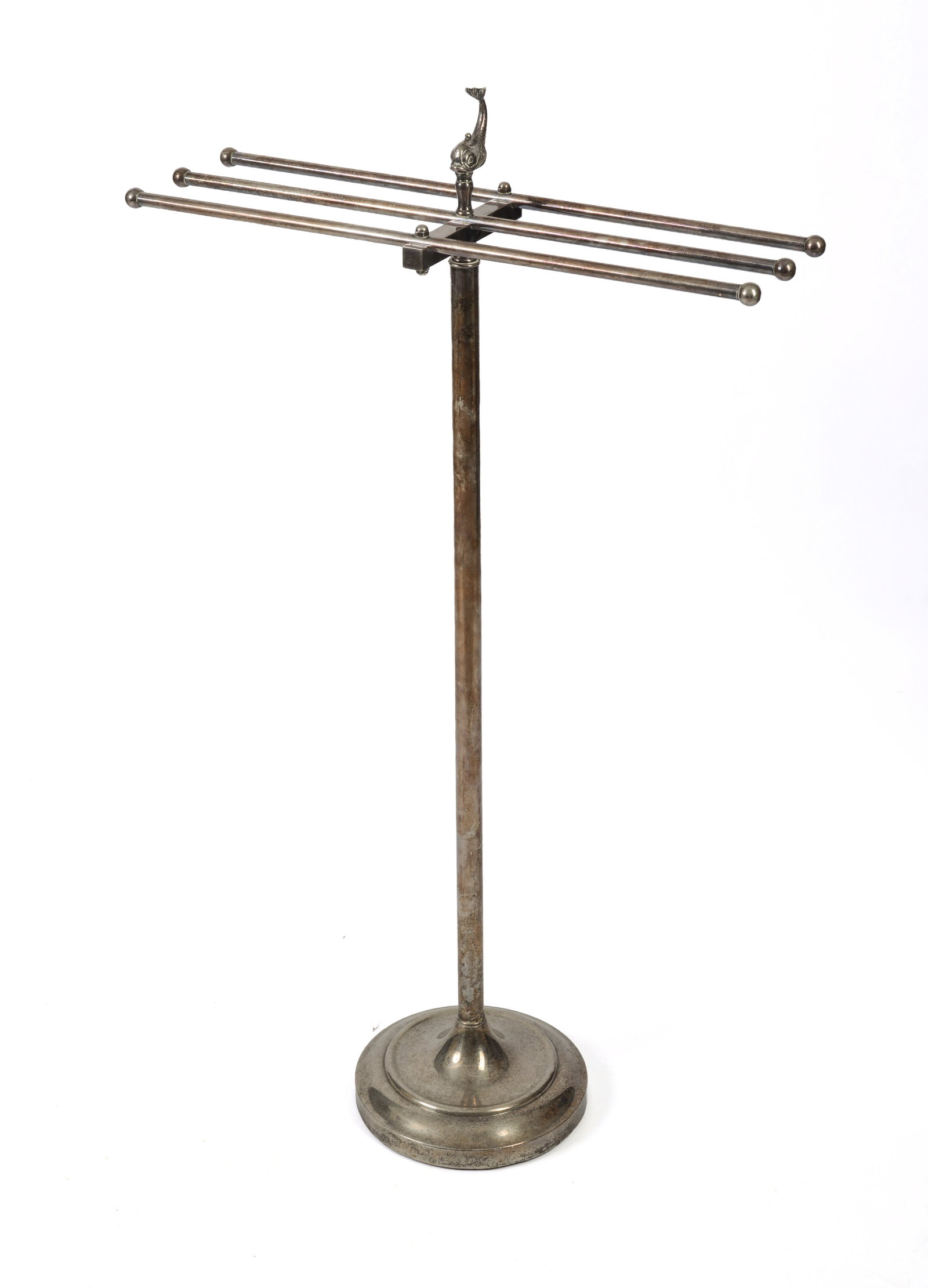 19th Century European Silver Plate Towel Rack.: With dolphin finial, height 41 inches.