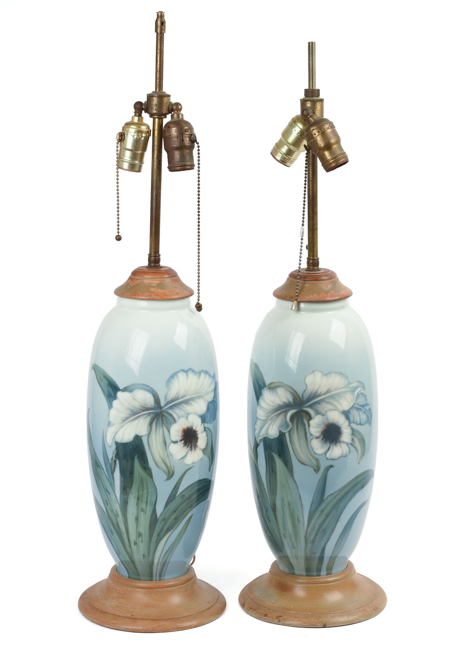 Pair of Royal Copenhagen Lamps With Irises.: Height of base 15 inches, overall height 30 inches. Wiring old, but appears okay, lacking finials. Porcelain in good condition.