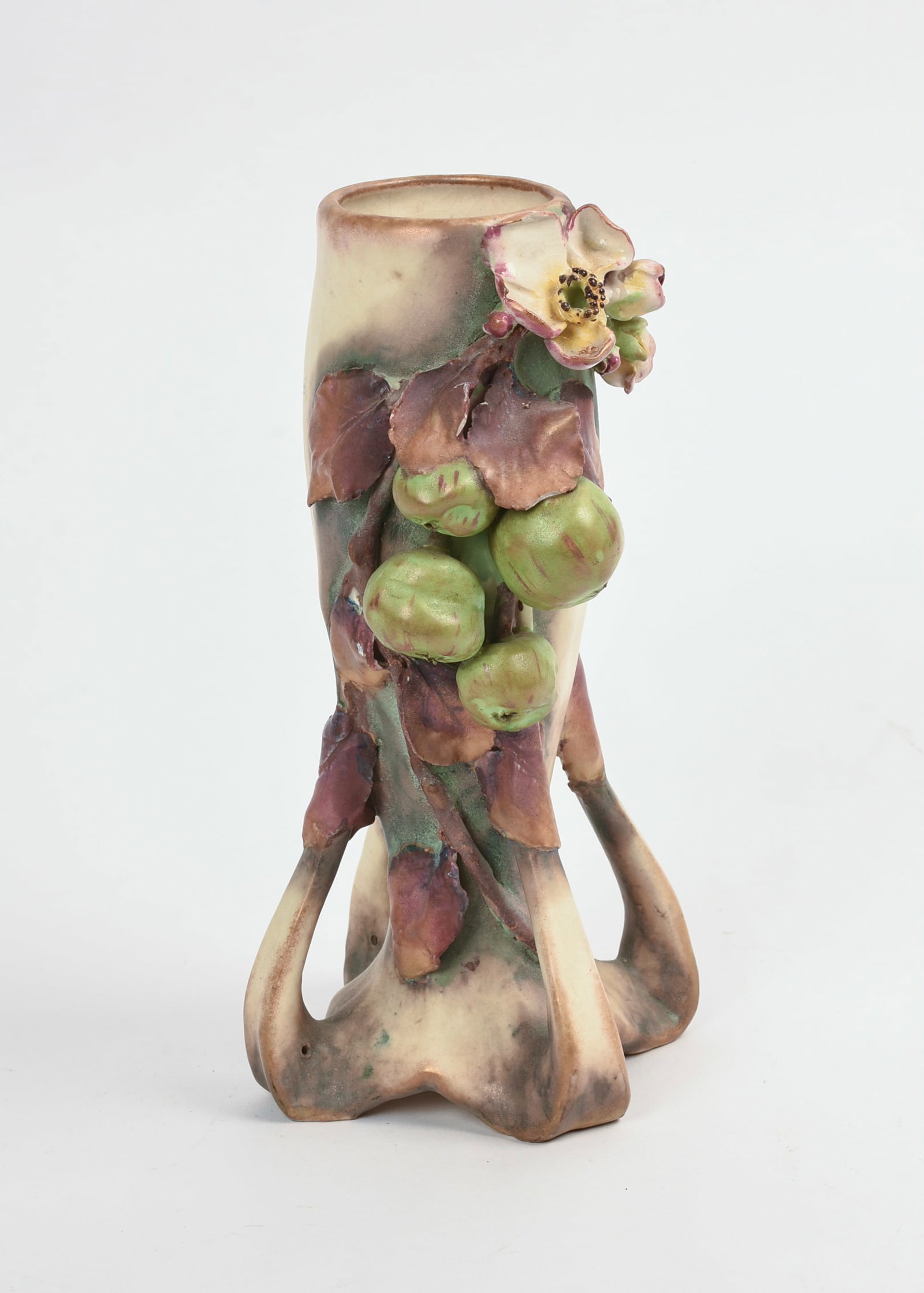 Art Nouveau Amphora Vase: Apples and blossoms in relief, Amphora mark, height 9.25 inches, good condition.