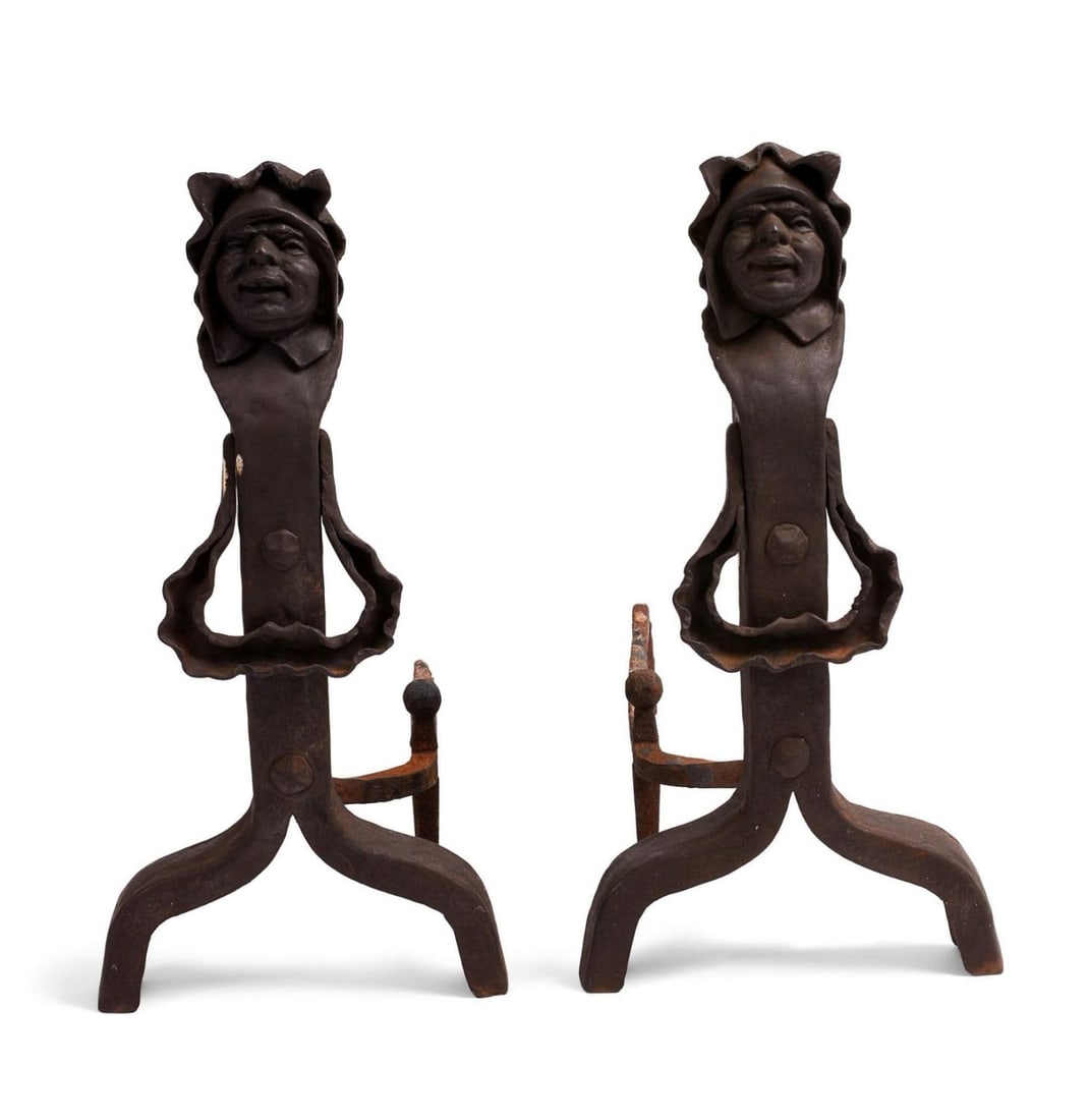 Hudson NY Wrought Iron Andirons With Jesters: Height 26 inches. One lacking back leg.
