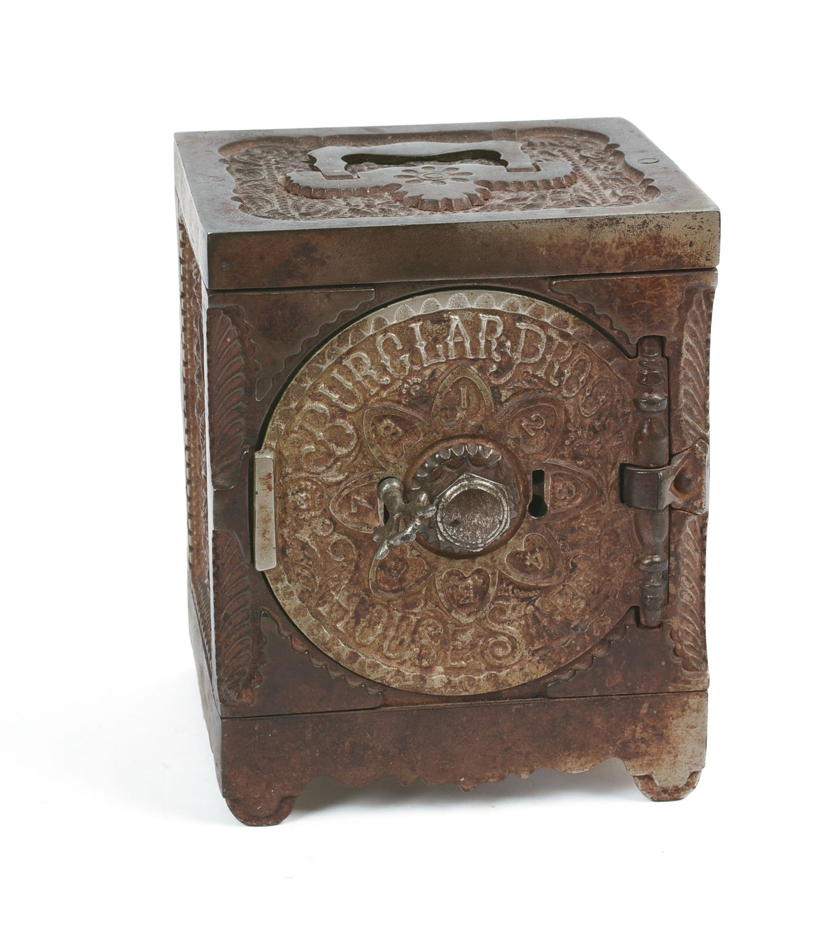 J & E Stevens Burglar Proof Safe Bank.: 6 x 4.75 x 4 inches. With key.