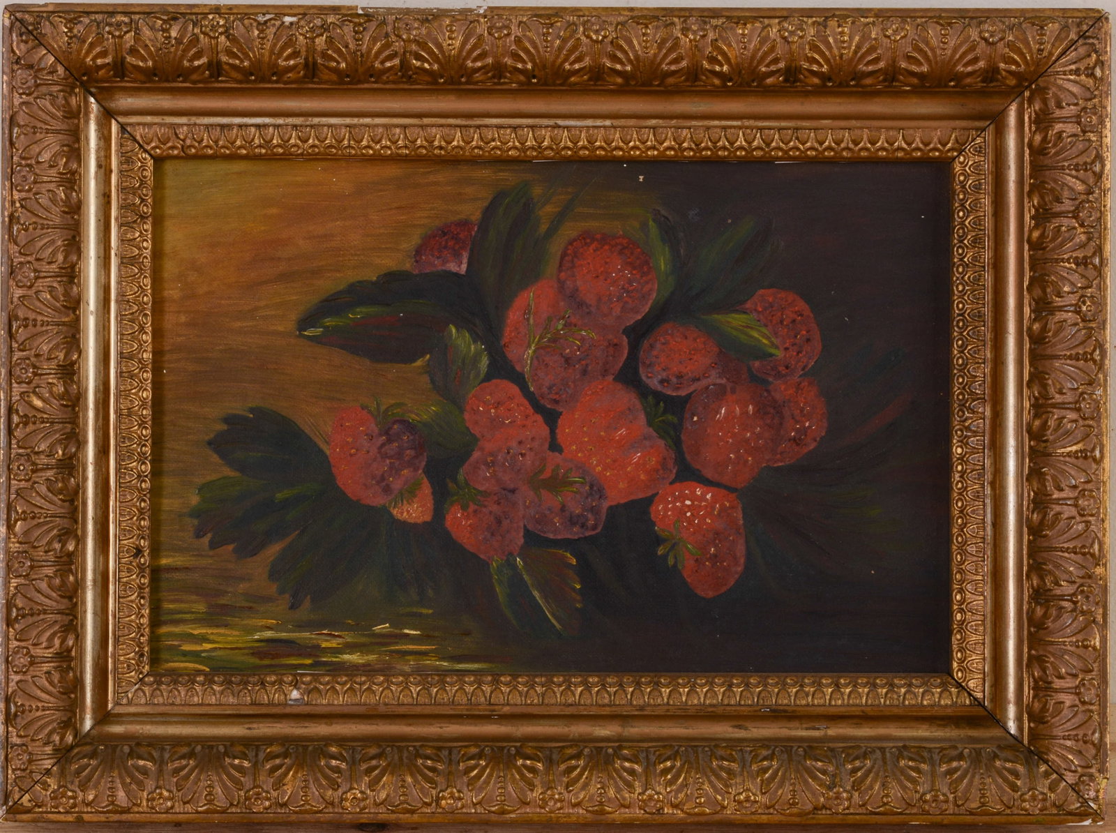 Early 20th Century Still Life With Strawberries: Oil on canvas, 8 x 12 inches. Framed, 11.5 x 15.5 inches.