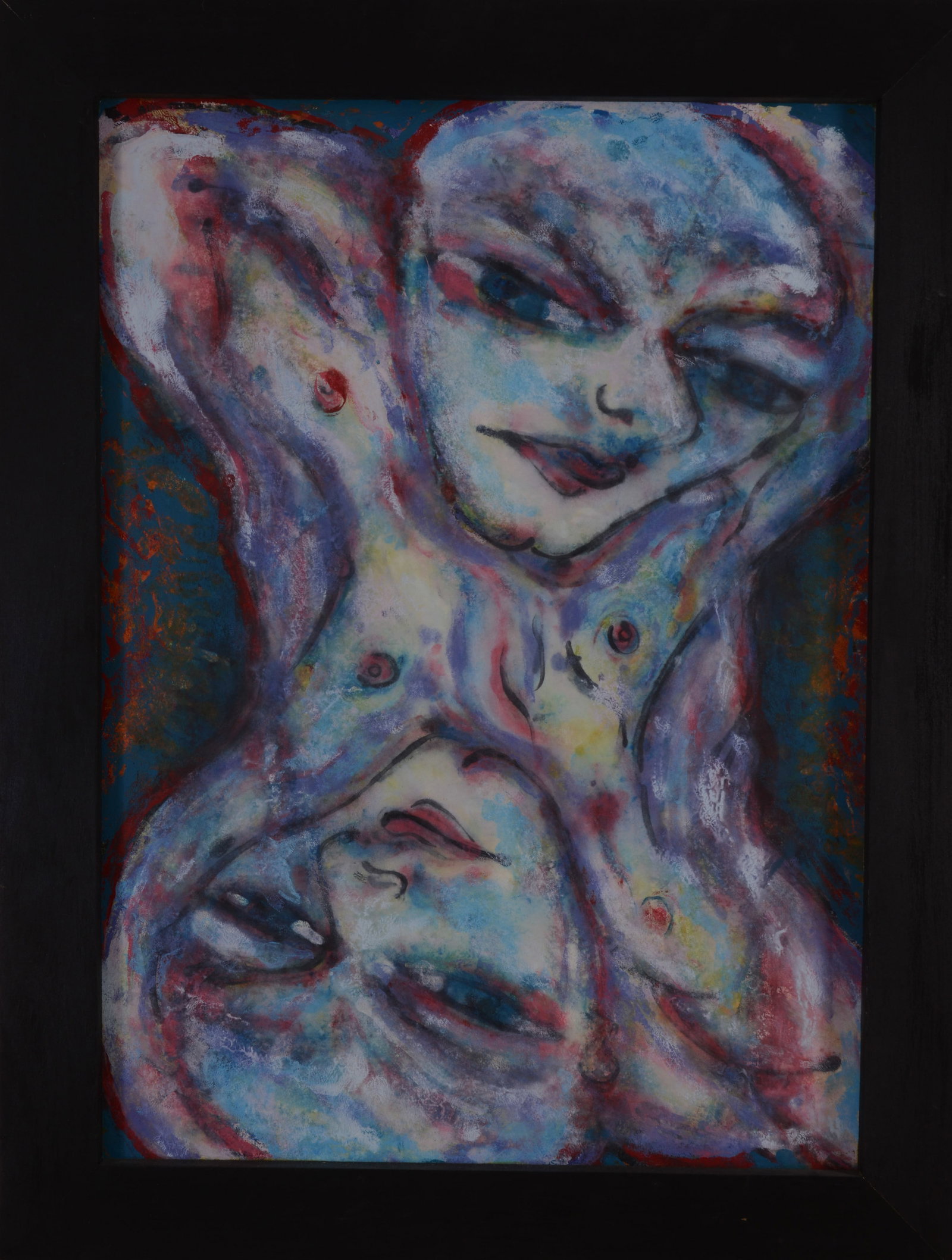 Large David Cedrone Double Nude: Mixed media on board, framed, 34.5 x 26.5 inches.
