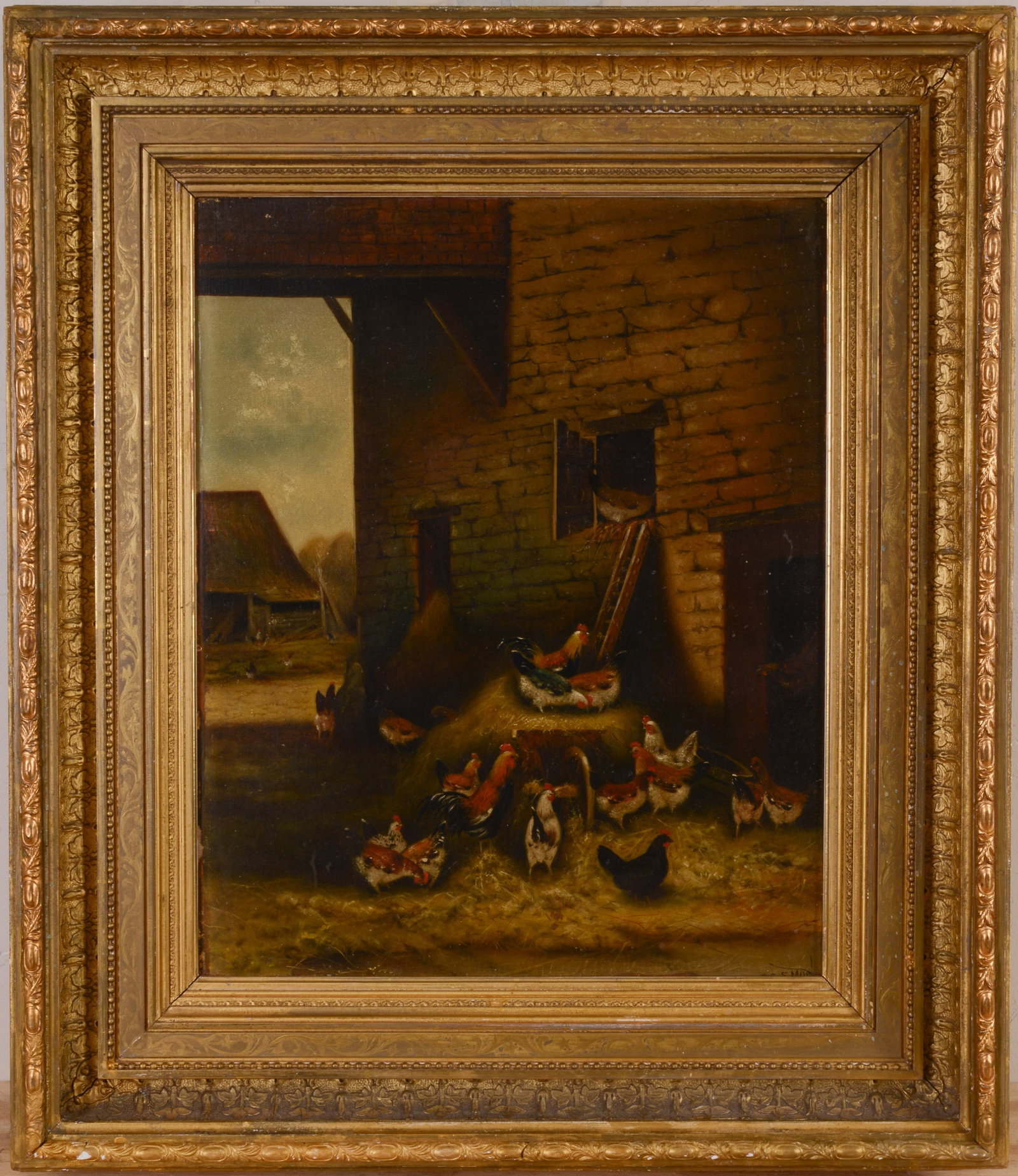 19th Century Painting of Chickens in a Barnyard.: Signed lower right, oil on board, 16 x 20 inches. Framed, 25 x 29 inches.