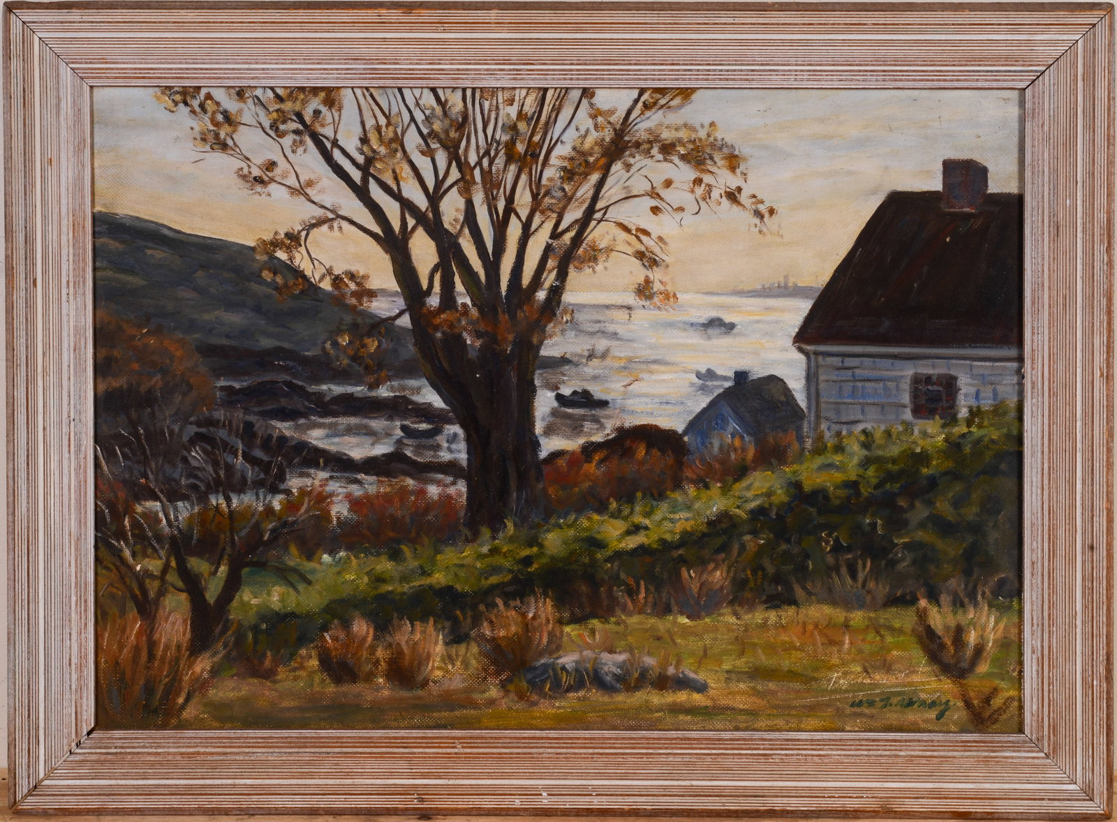 19th Century Coastal Maine Painting.: Oil on board, 21 x 30 inches. Signed lower right, inscribed 'Long Island' on verso. Framed, 25 1/2 x 34 1/2 inches.