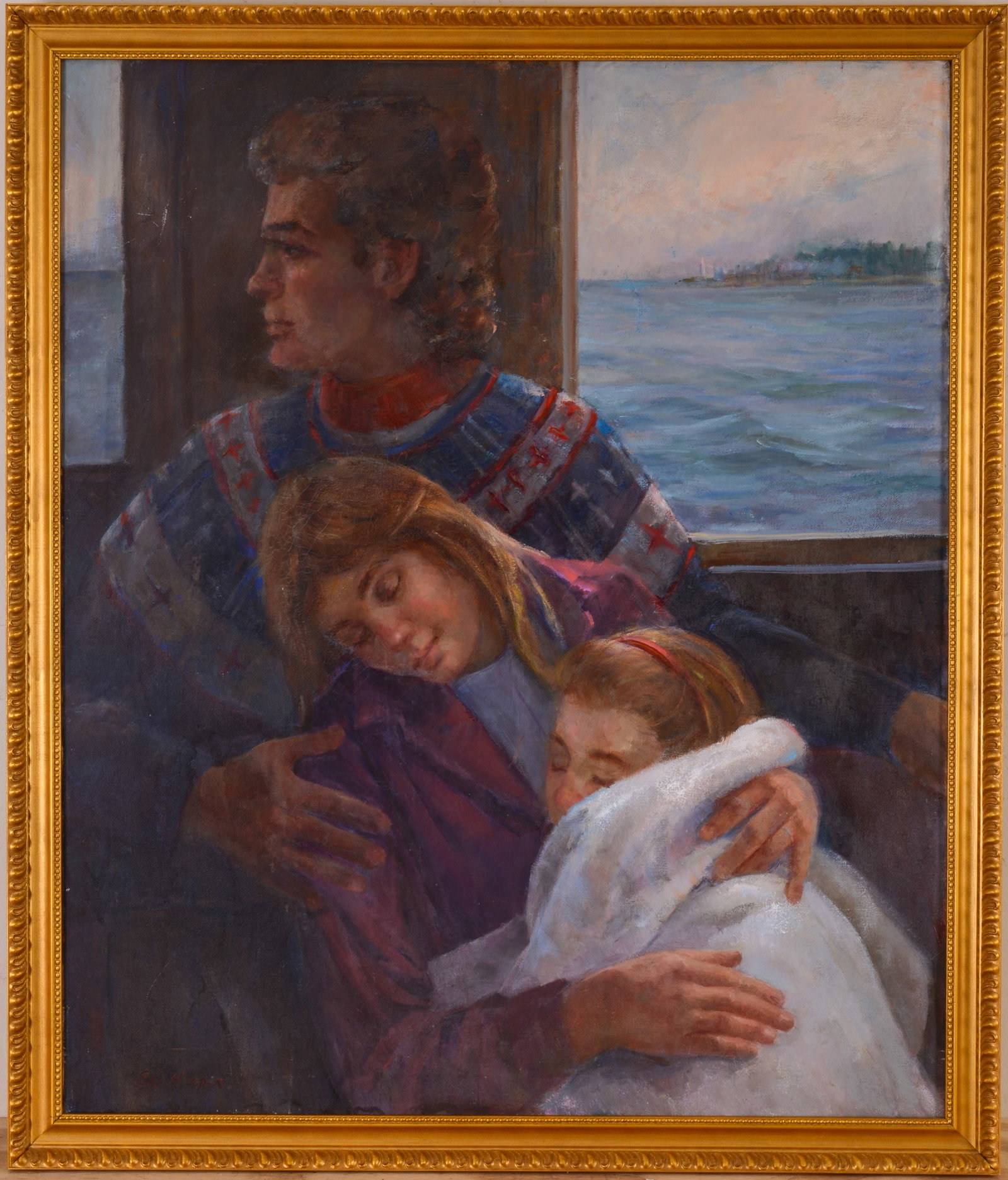 Eleanor (O'Neil) Harper (1920 - 2006 MA). Portrait of a Family.: Oil on board, signed LL. 30 x 36 inches. Framed, 33 1/4 x 39 1/4 inches.