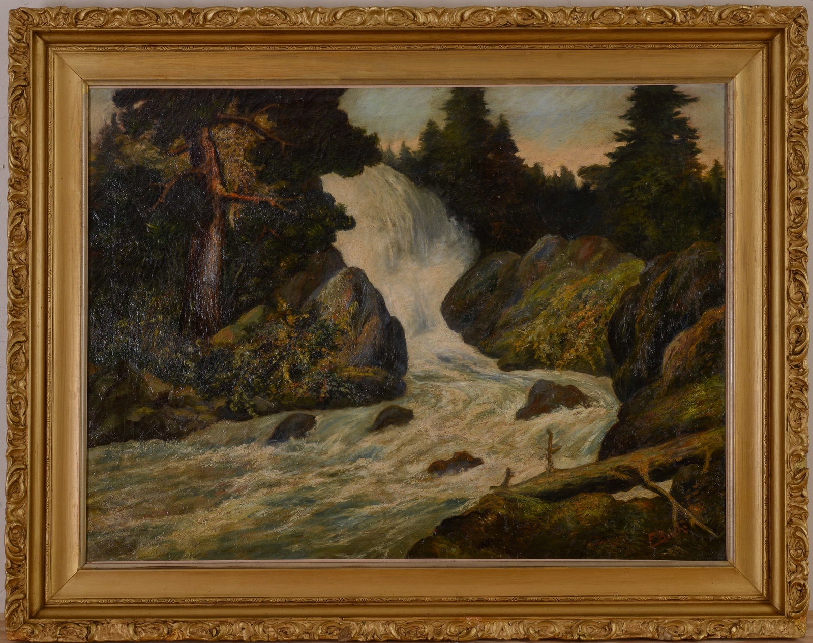 19th Century Water Woodlands Landscape: Oil on canvas, signed LR E. Bach. 27 x 36 inches. Framed, 34 x 43 inches.