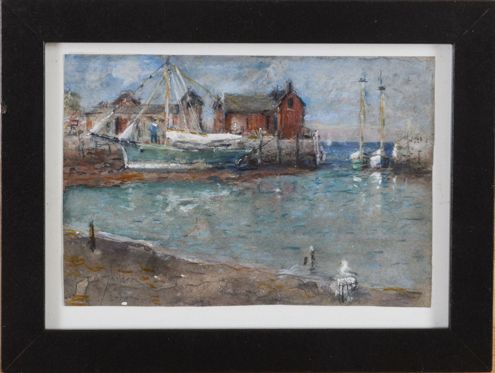 Daniel Sheldon (20th/21st C MA) Rockport Wharf Scene: Signed LL. Gouache on paper, 4 x 6 inches. Framed, 6 x 8 inches.