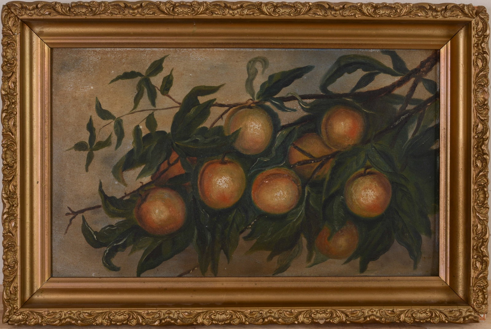 19th Century Still Life With Peaches.: Oil on academy board, 12 x 20 inches. Framed, 16 x 24 inches.