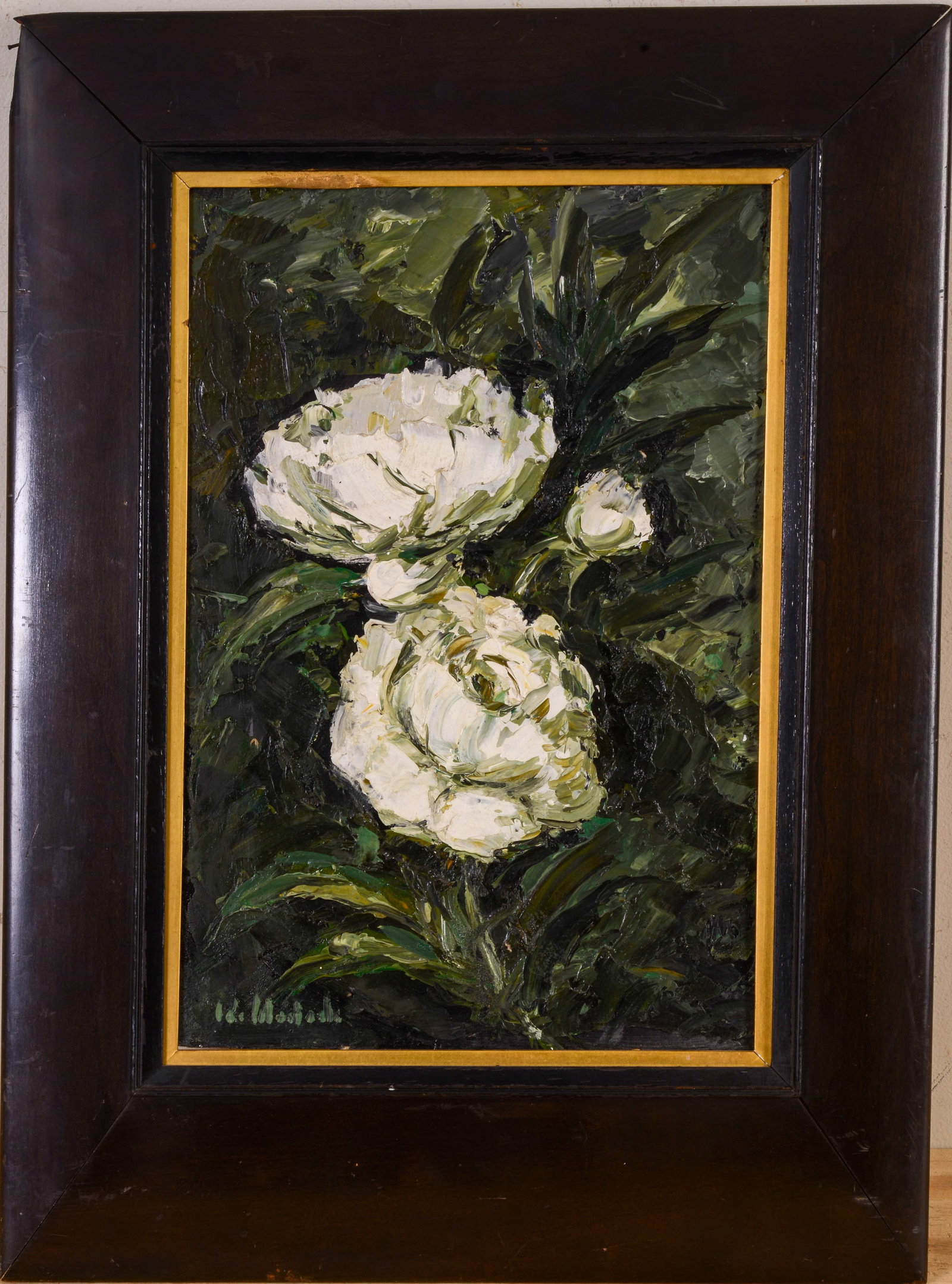 Ida Waslaske (1920-2023). White Peonies.: Oil on board, 16.5 x 11 inches, signed lower left and on verso. Framed, 24 x 18 inches.