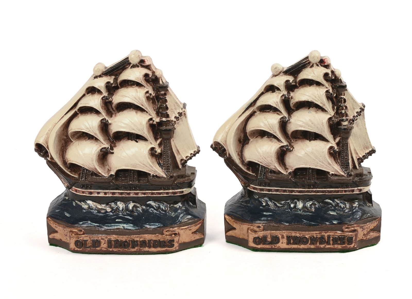Pair of Old Ironsides Bookends.: 7.5 x 6.5 x 2.5 inches, composite material.