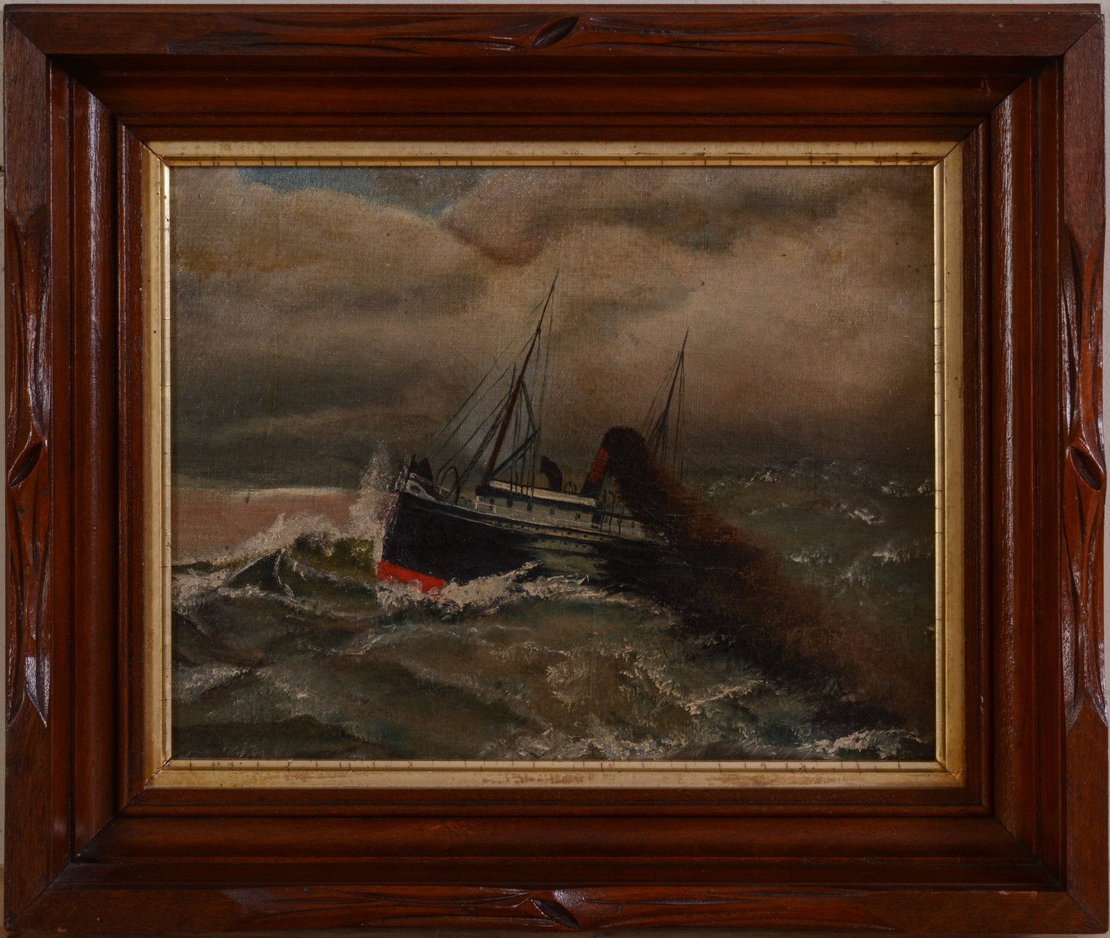 Steam & Sail Ship in Heavy Seas.: Late 19th or early 20th century. Oil on board, 9 x 11 inches. IN a period walnut frame, 13 x 15.5 inches.